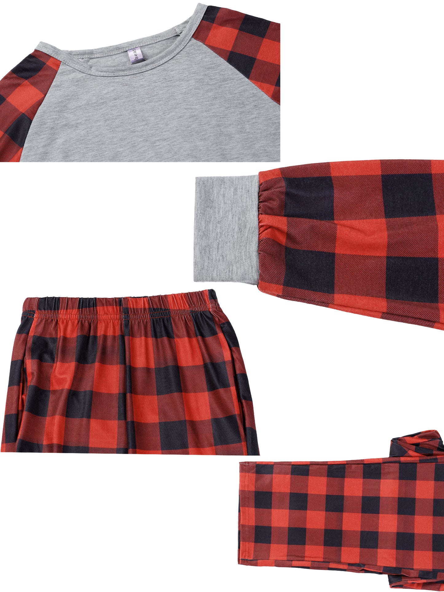 Kid's Christmas Family Pajama Set Red Black Plaid Print and Solid Color Combination Long Sleeve Top Matching Pants