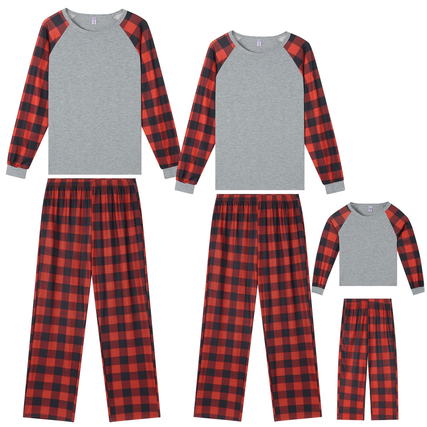 Kid's Christmas Family Pajama Set Red Black Plaid Print and Solid Color Combination Long Sleeve Top Matching Pants
