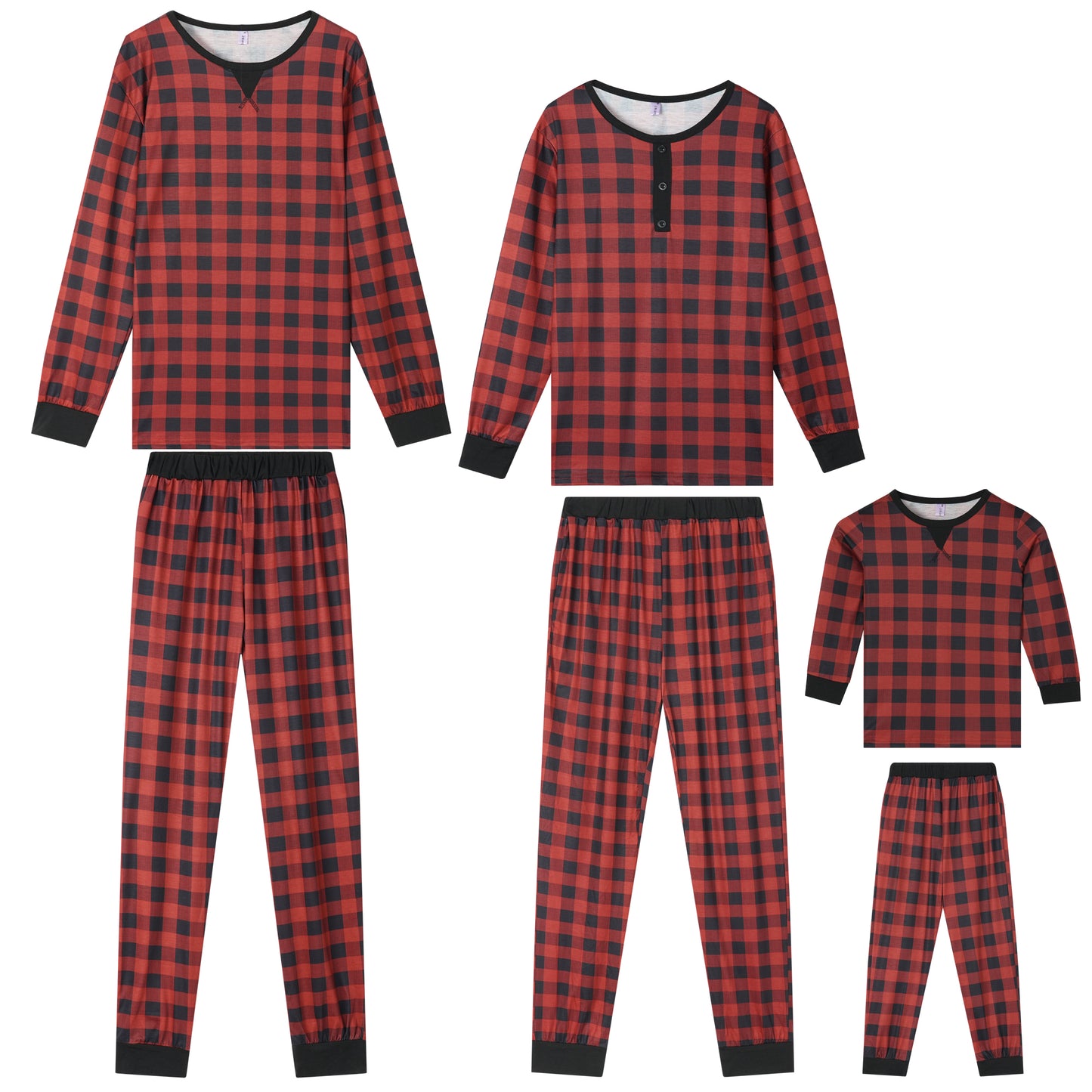 Ensemble pyjama de Noël familial pour enfants, haut à manches longues et pantalon assorti, imprimé écossais rouge et noir