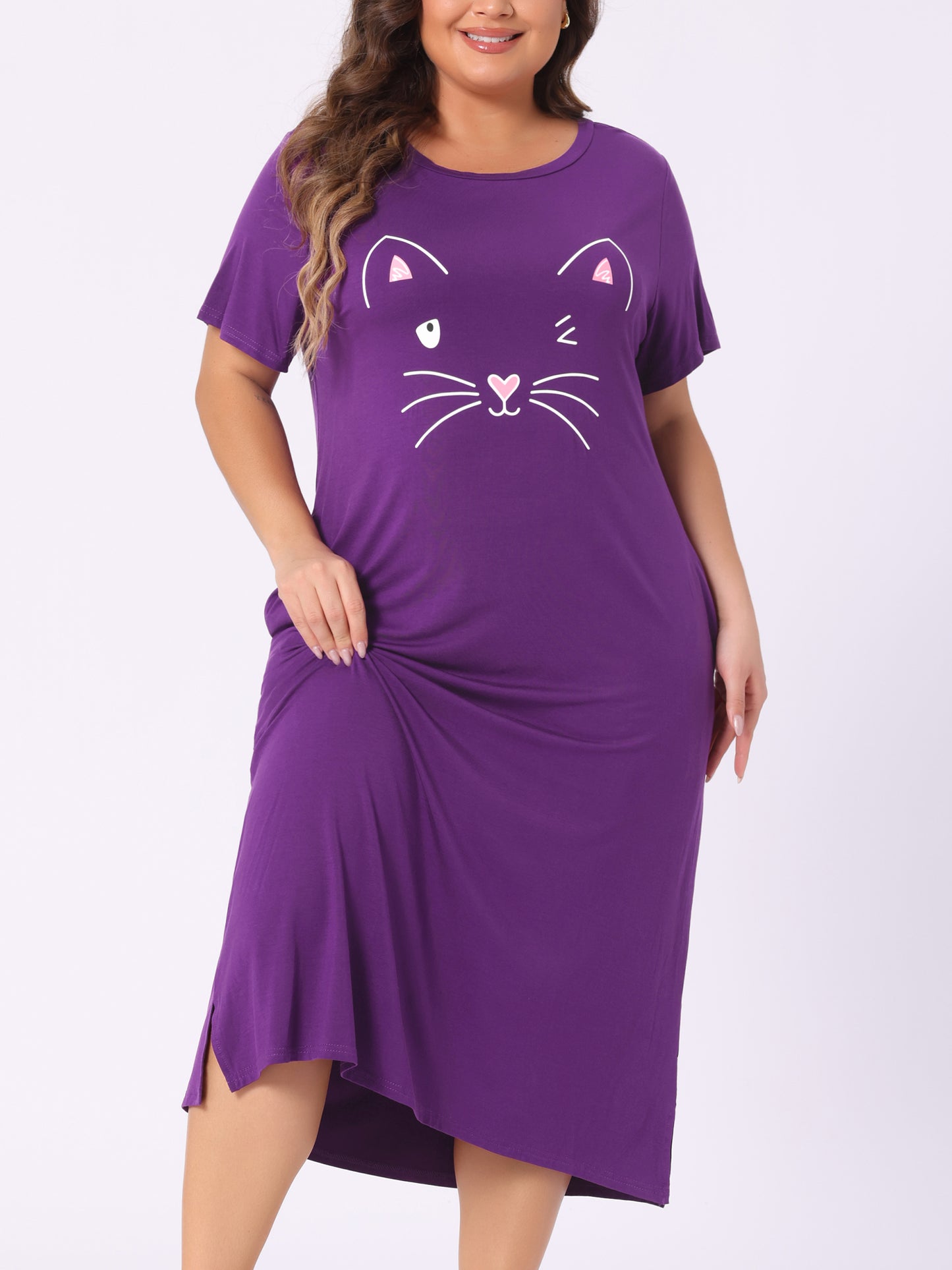 Women's Plus Size Nightgowns Pajama Dress Cute Cat Loose Loungewear with Pockets