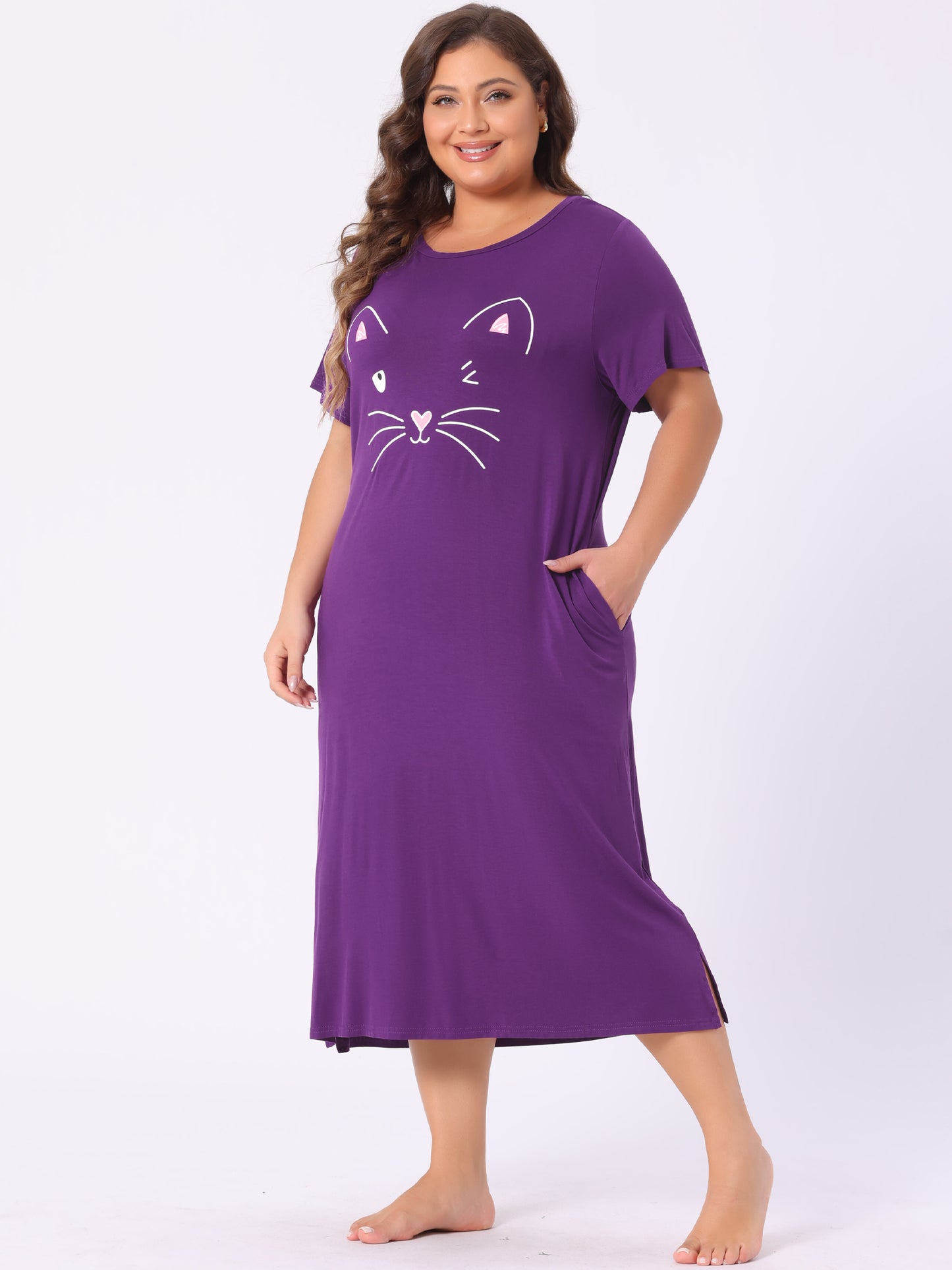 Women's Plus Size Nightgowns Pajama Dress Cute Cat Loose Loungewear with Pockets
