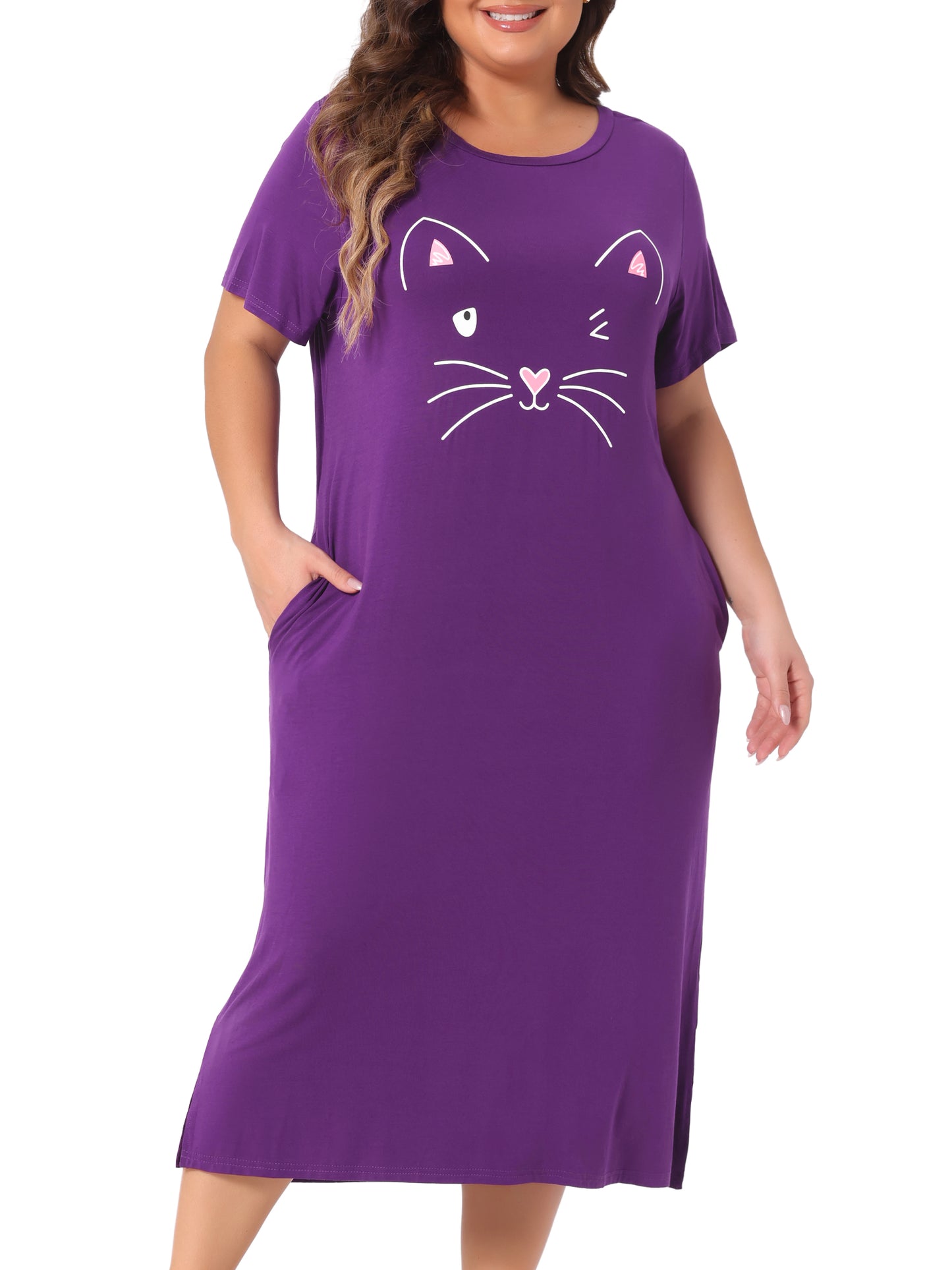 Women's Plus Size Nightgowns Pajama Dress Cute Cat Loose Loungewear with Pockets