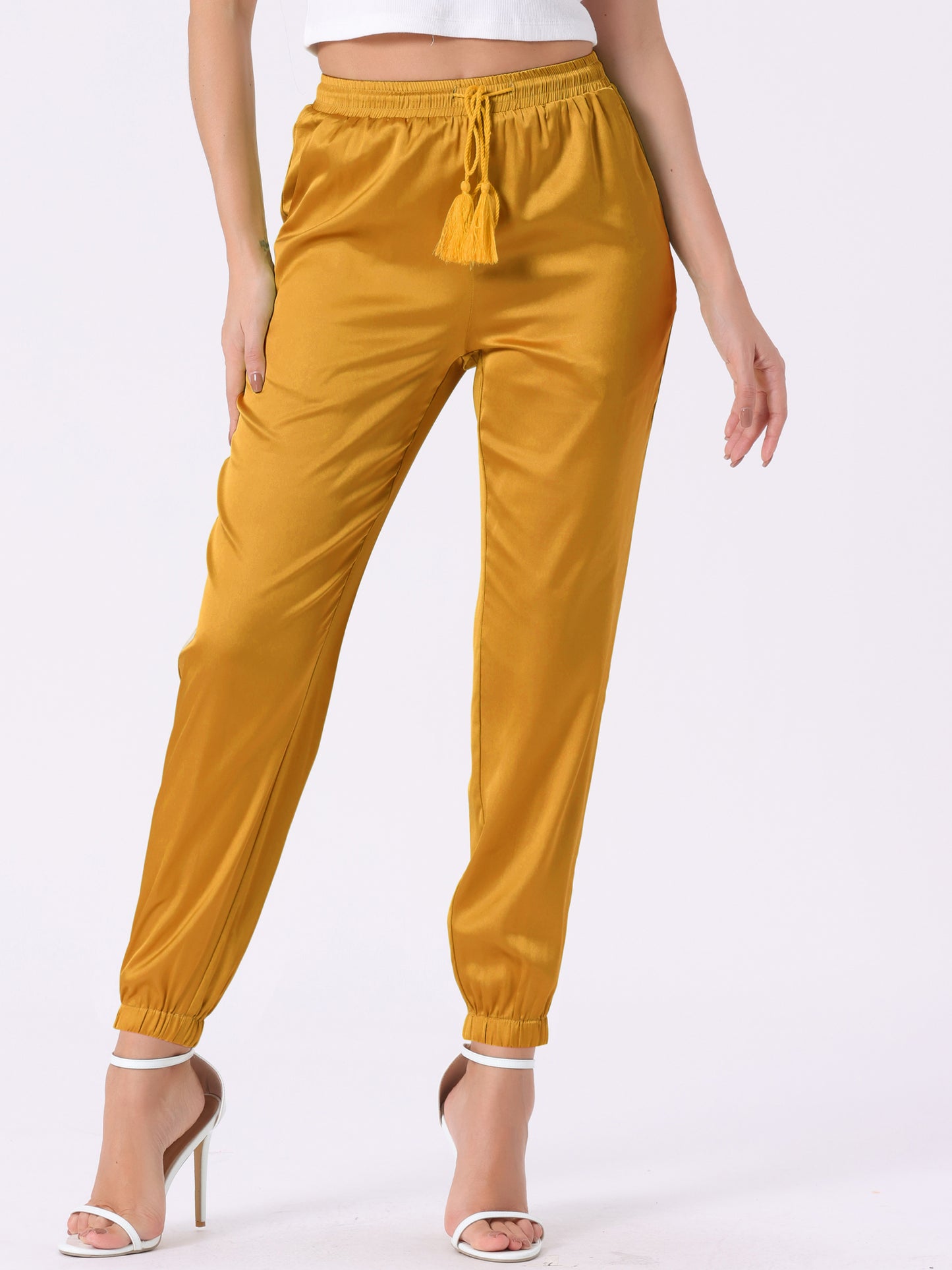 Women's Drawstring Elastic Waist Athleisure Pants Casual Ankle Length Satin Joggers with Pocket