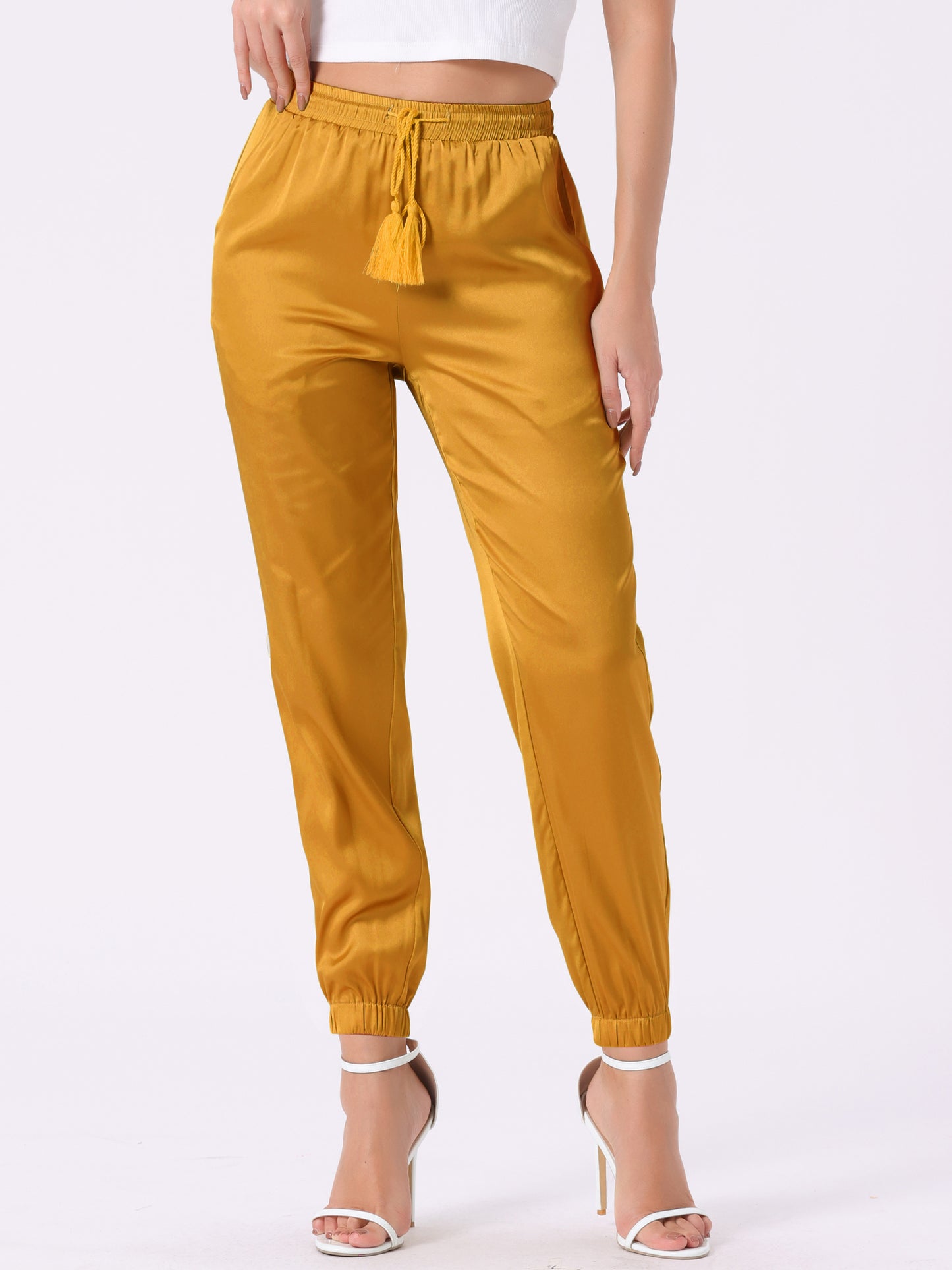 Women's Drawstring Elastic Waist Athleisure Pants Casual Ankle Length Satin Joggers with Pocket