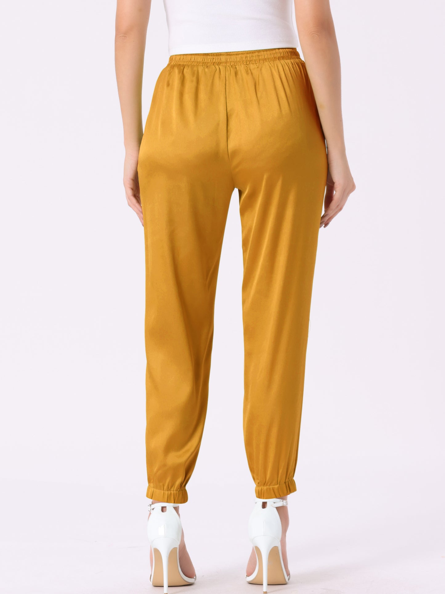 Women's Drawstring Elastic Waist Athleisure Pants Casual Ankle Length Satin Joggers with Pocket