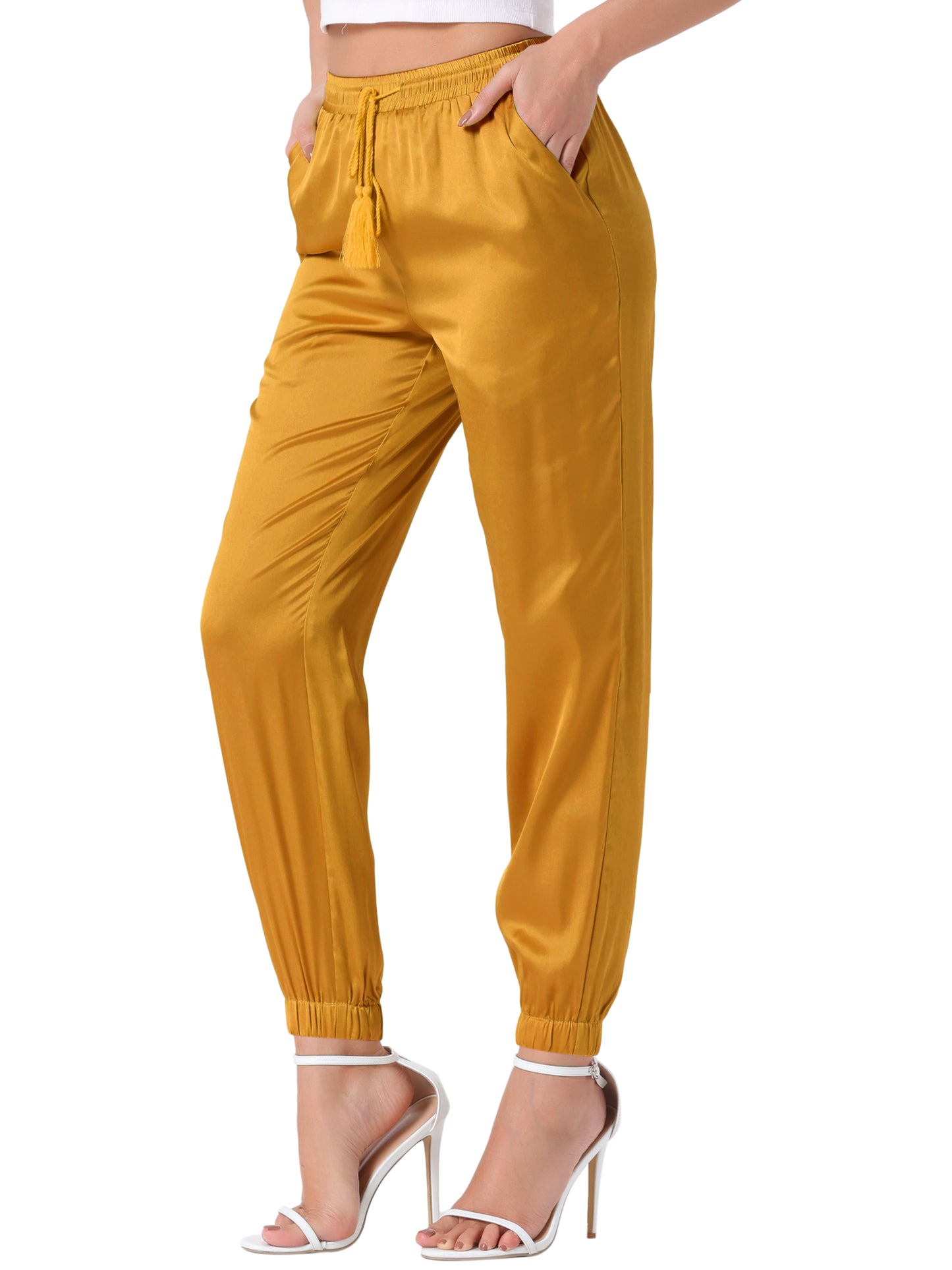 Women's Drawstring Elastic Waist Athleisure Pants Casual Ankle Length Satin Joggers with Pocket