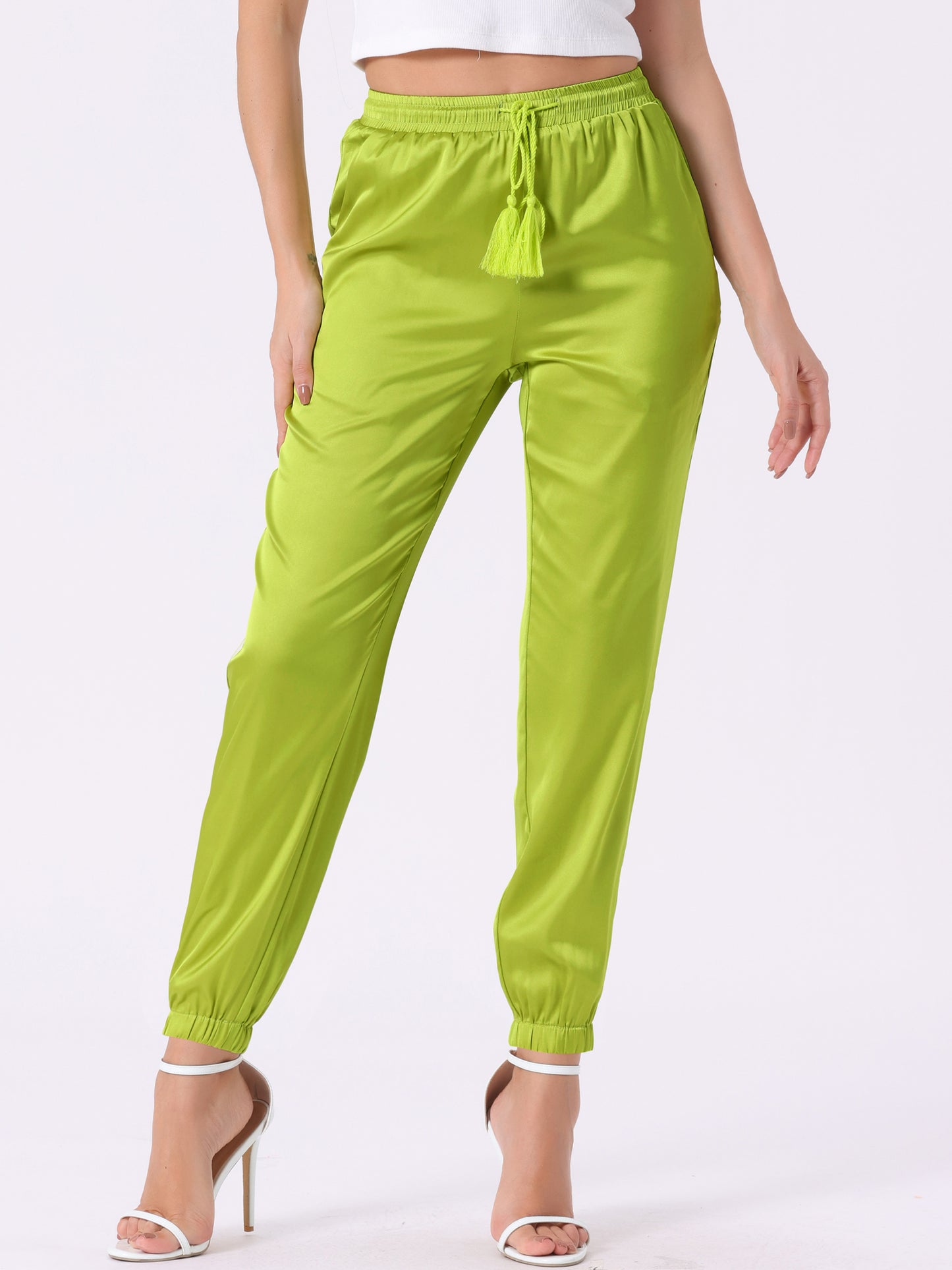 Women's Drawstring Elastic Waist Athleisure Pants Casual Ankle Length Satin Joggers with Pocket