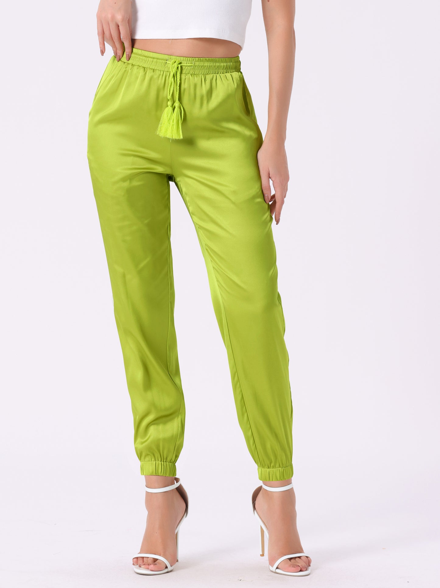 Women's Drawstring Elastic Waist Athleisure Pants Casual Ankle Length Satin Joggers with Pocket