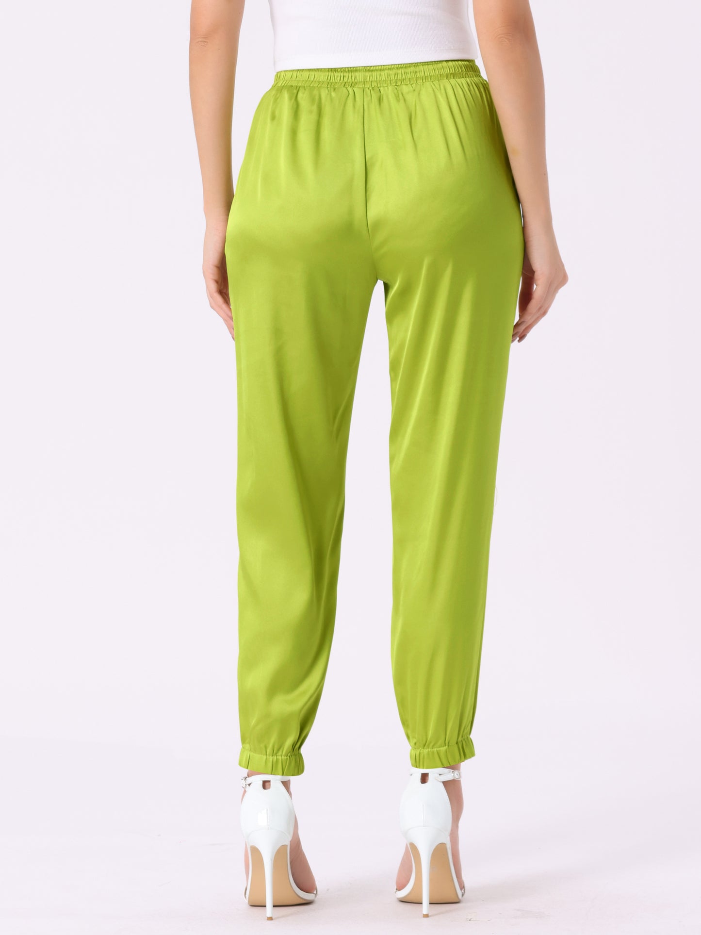 Women's Drawstring Elastic Waist Athleisure Pants Casual Ankle Length Satin Joggers with Pocket