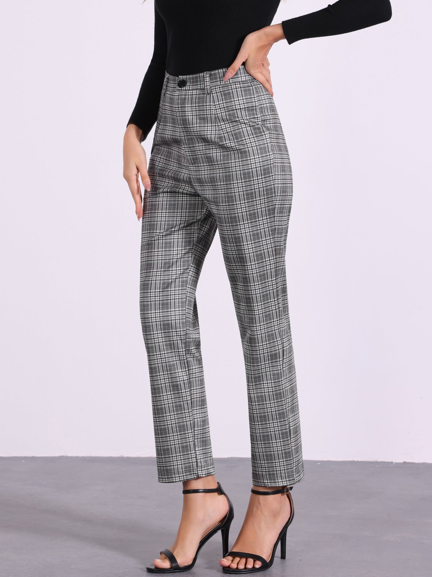 Women's Plaid Cropped Trousers Button Casual Tartan Check Work Pants
