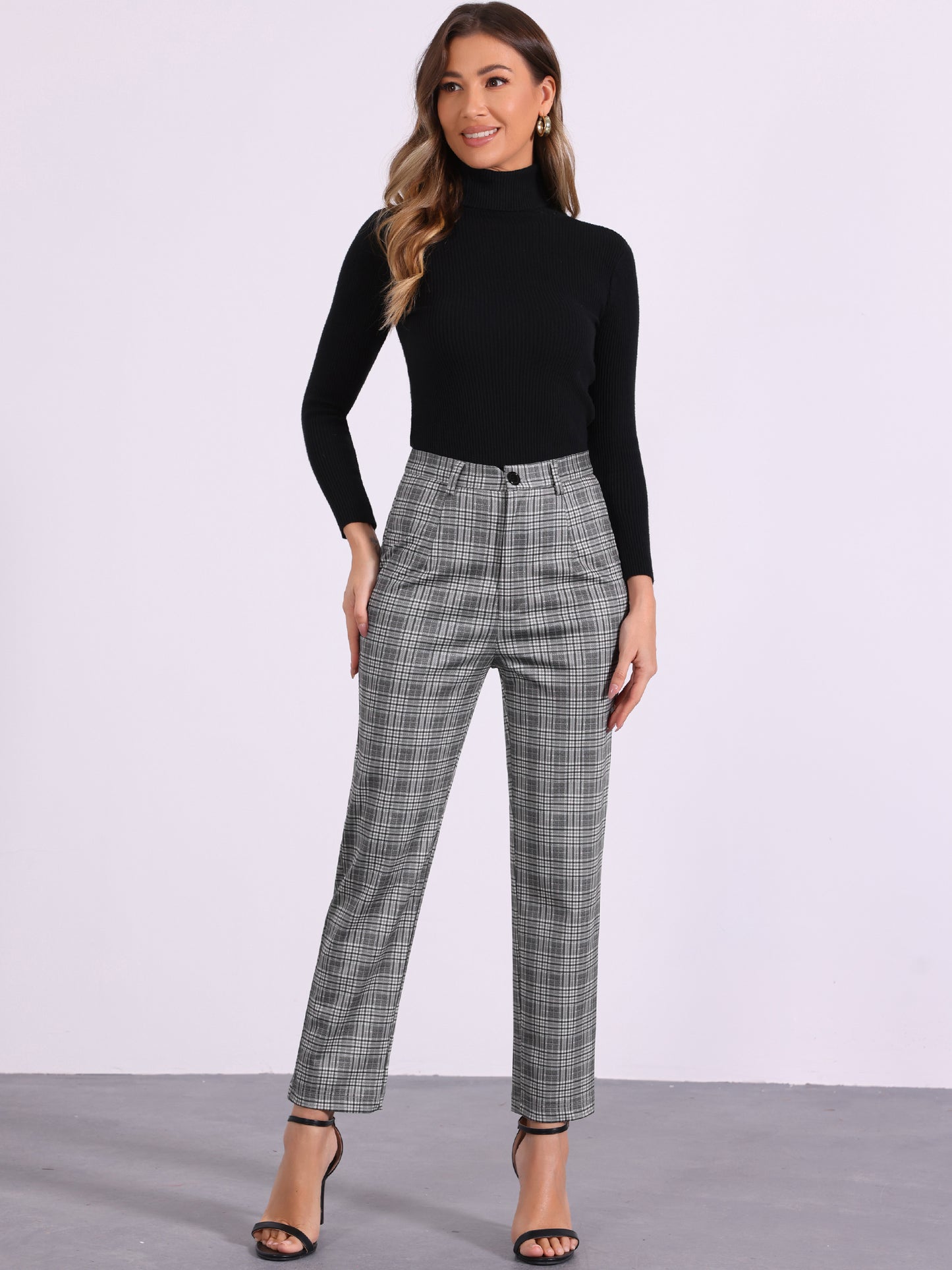 Women's Plaid Cropped Trousers Button Casual Tartan Check Work Pants