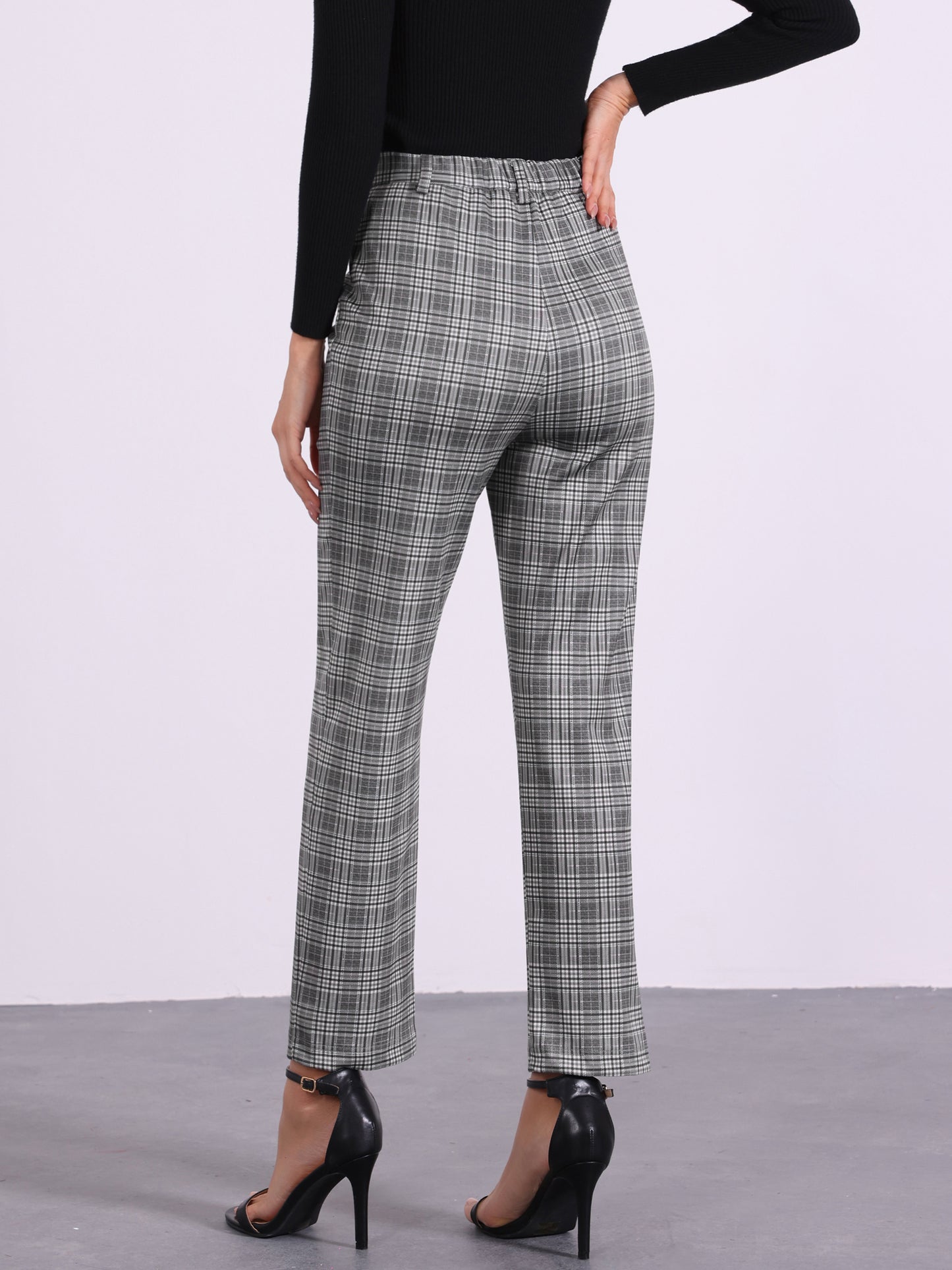 Women's Plaid Cropped Trousers Button Casual Tartan Check Work Pants