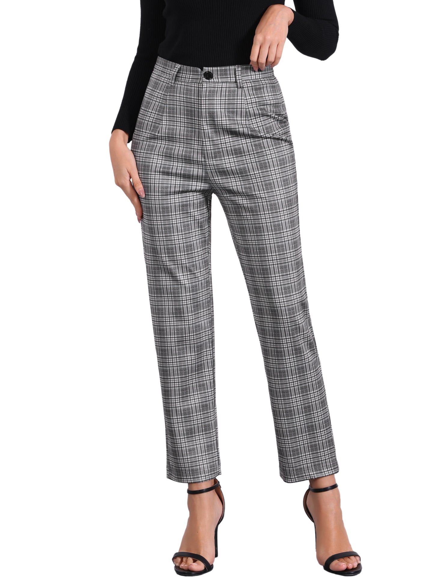 Women's Plaid Cropped Trousers Button Casual Tartan Check Work Pants