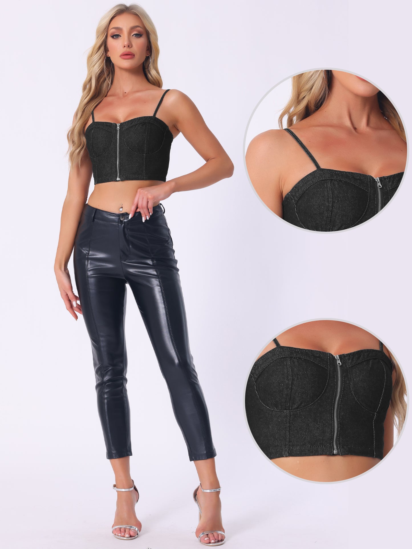 Women's Denim Bustier Crop Top Zip Up Adjustable Straps Jean Corset Top