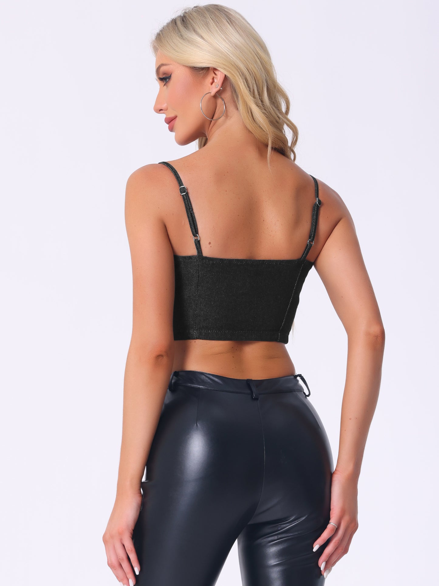 Women's Denim Bustier Crop Top Zip Up Adjustable Straps Jean Corset Top
