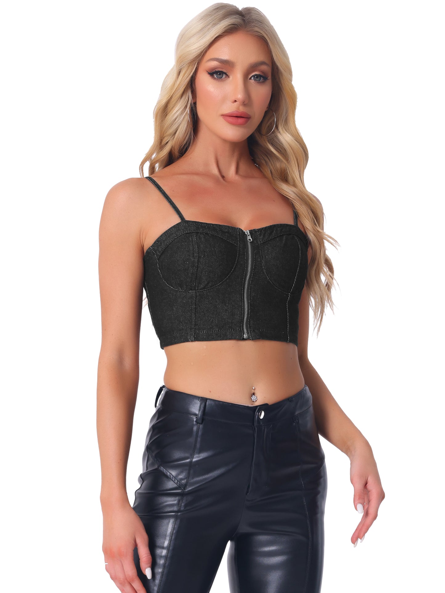 Women's Denim Bustier Crop Top Zip Up Adjustable Straps Jean Corset Top