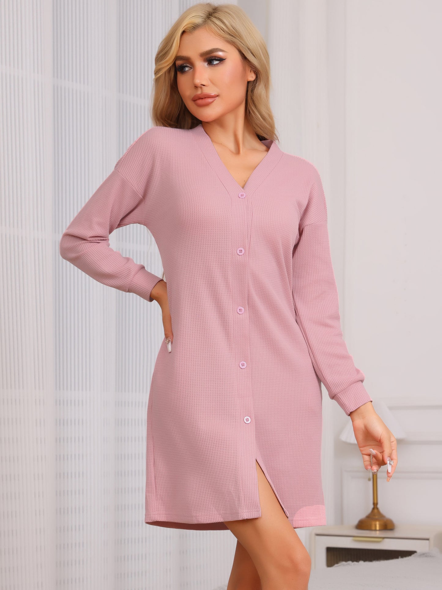 Women's Waffle Knit Nightshirt Long Sleeve Sleepshirts Button Down Nightgown with Pockets