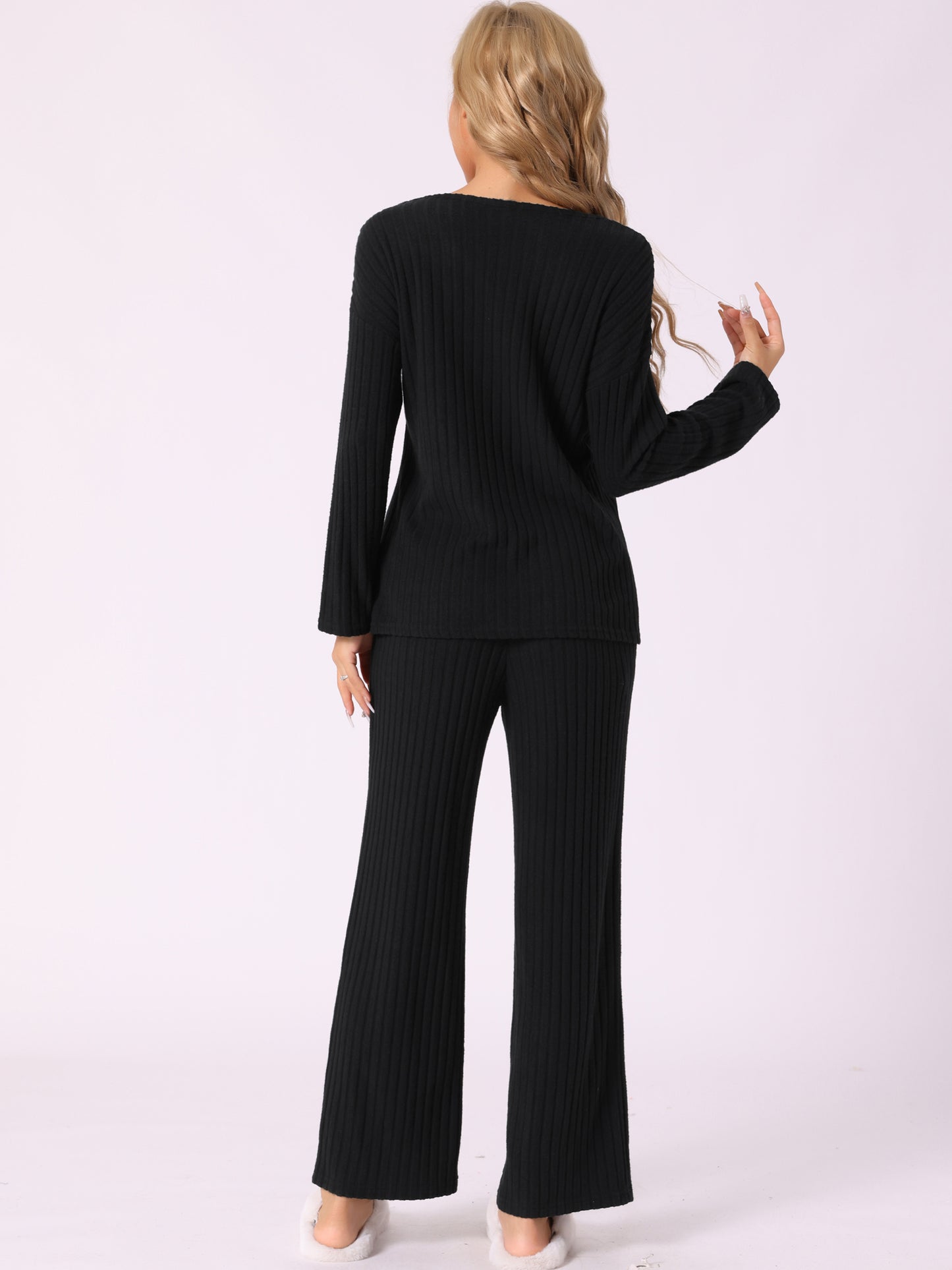 Women's Ribbed Knit Lounge Set V Neck Sweatsuit Long Sleeve with Wide Leg Pants Sweater Two Piece