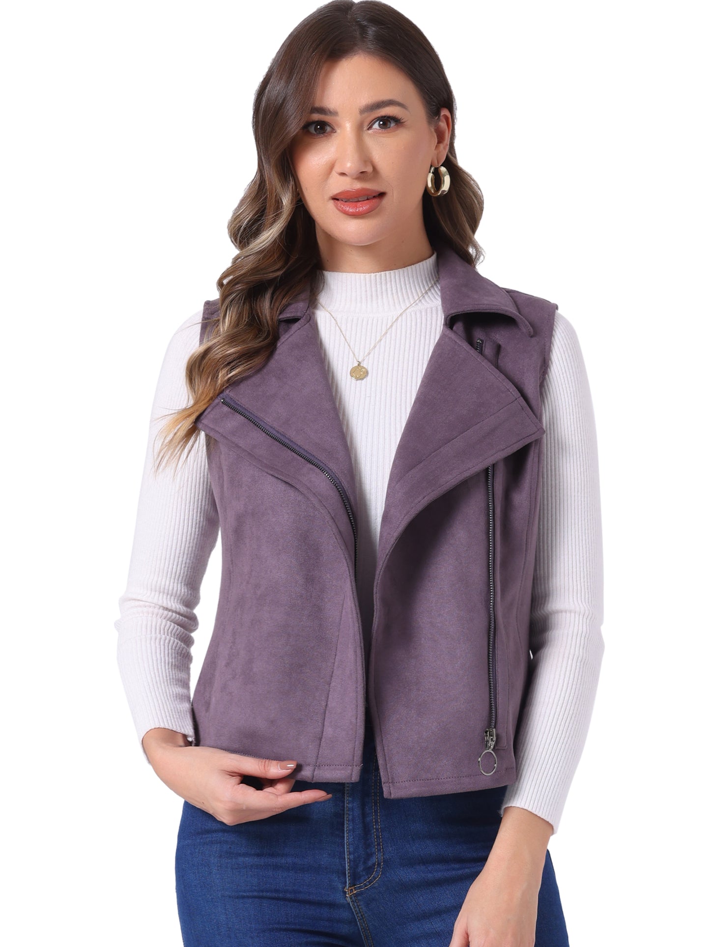 Women's Faux Suede Vest Casual Sleeveless Biker Jacket