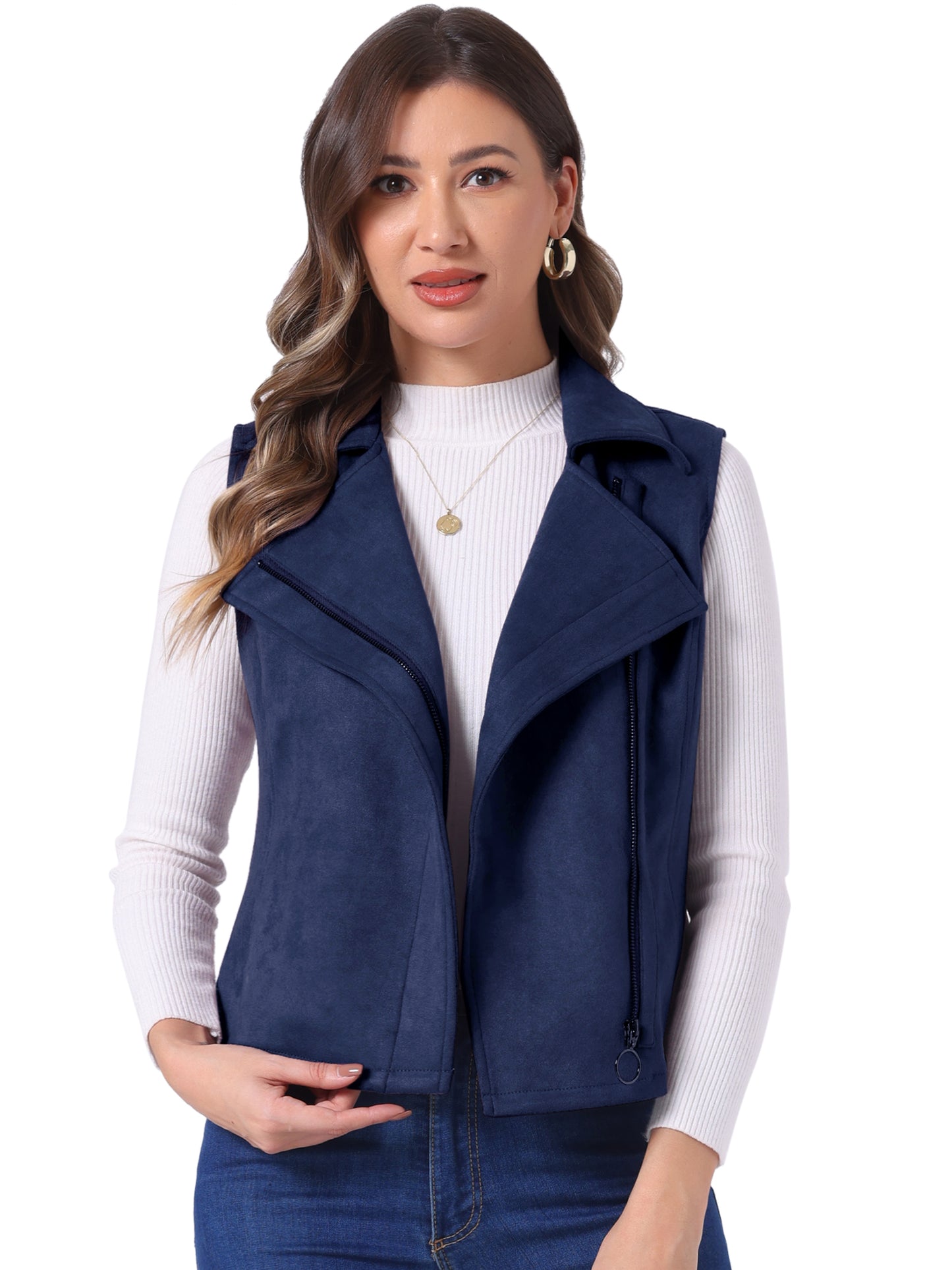 Women's Faux Suede Vest Casual Sleeveless Biker Jacket