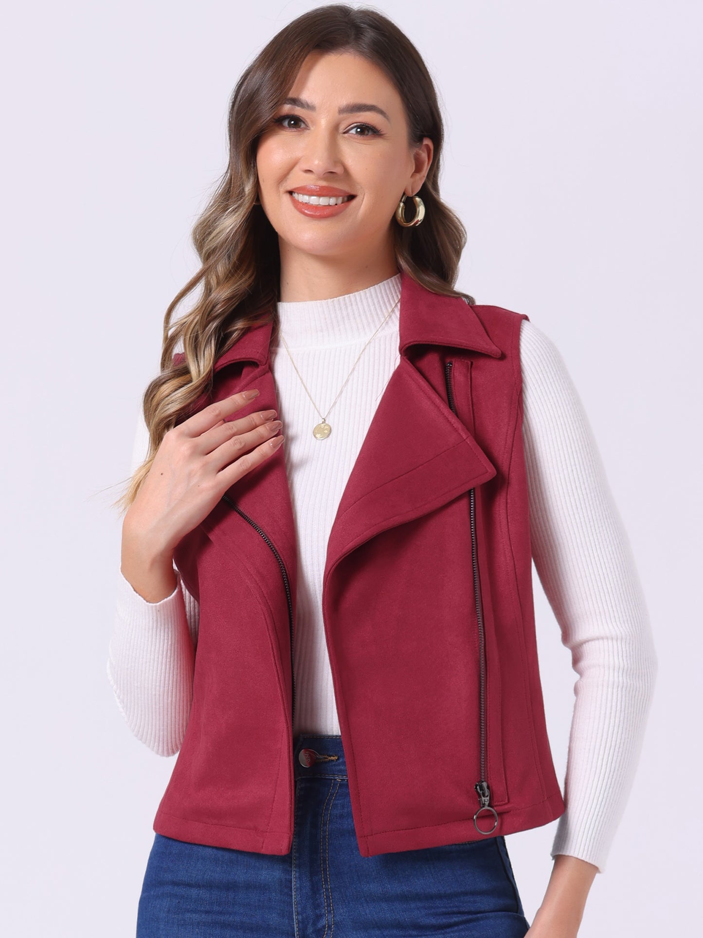 Women's Faux Suede Vest Casual Sleeveless Biker Jacket