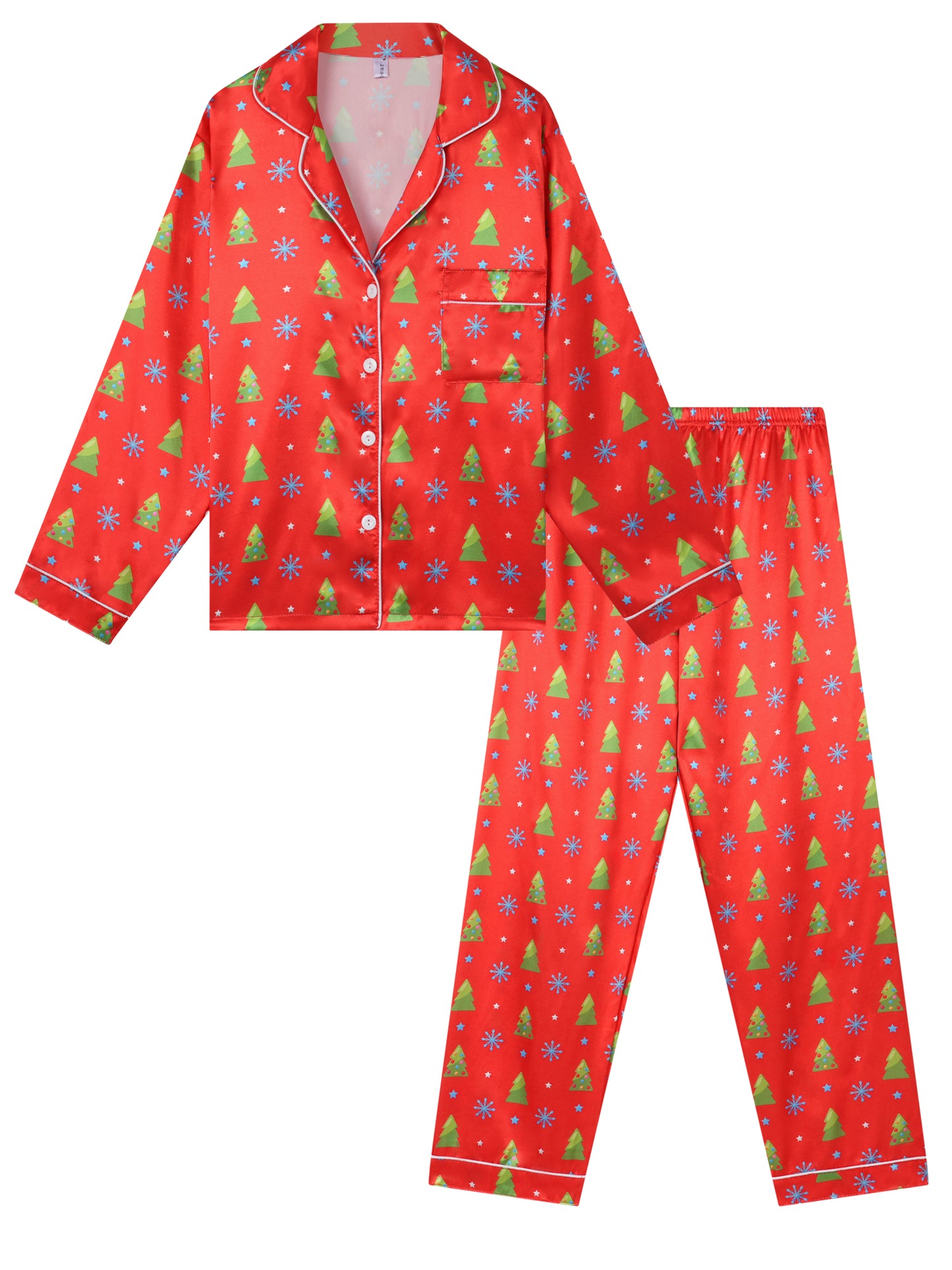Men's Christmas Satin Long Sleeve Button Down Pjs Tree Print Festival Party Sleepwear Family Pajamas Set