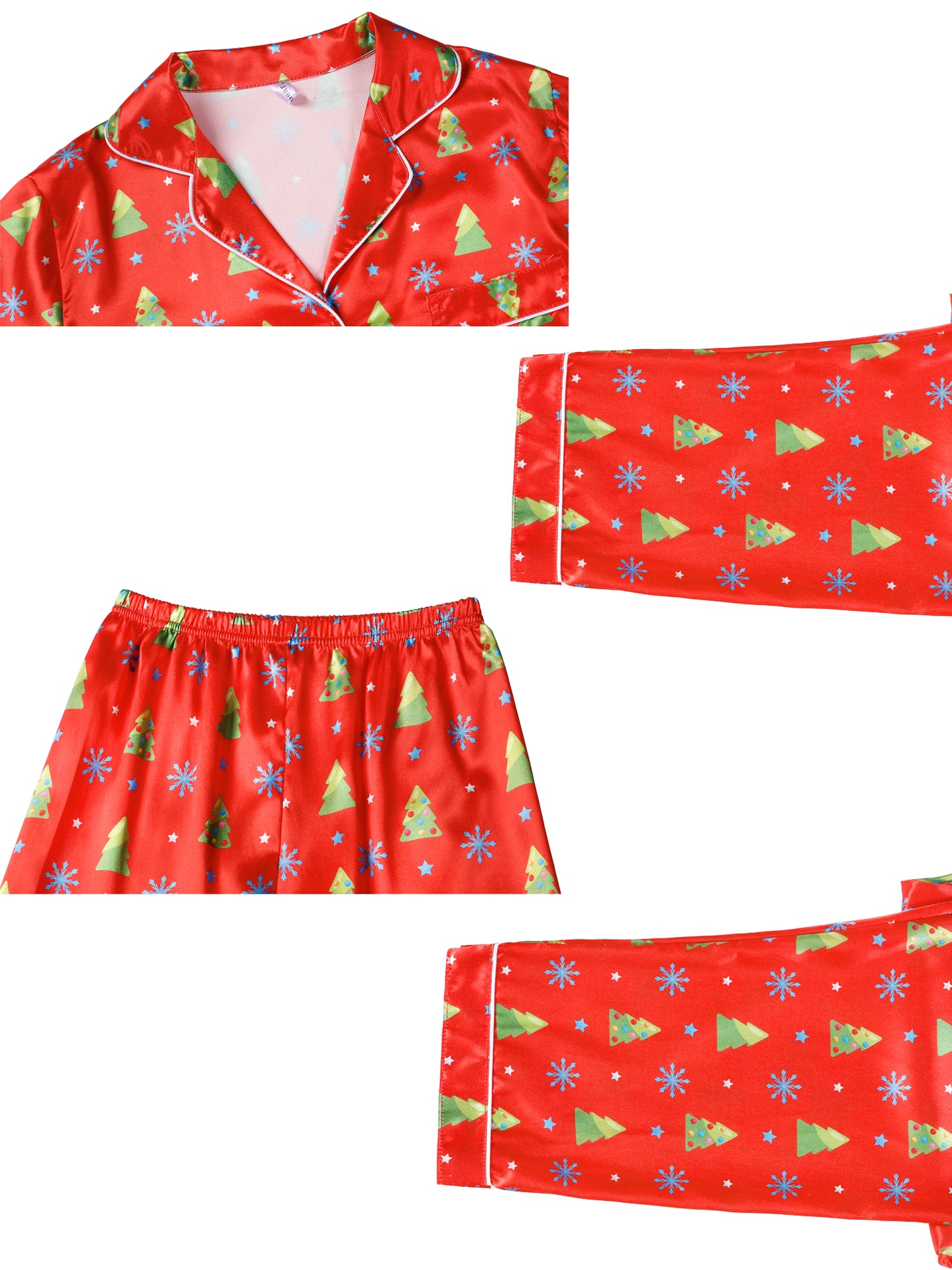 Pijama de satén navideño de manga larga con botones para hombre, con estampado de árbol, para fiestas, festivales y familia