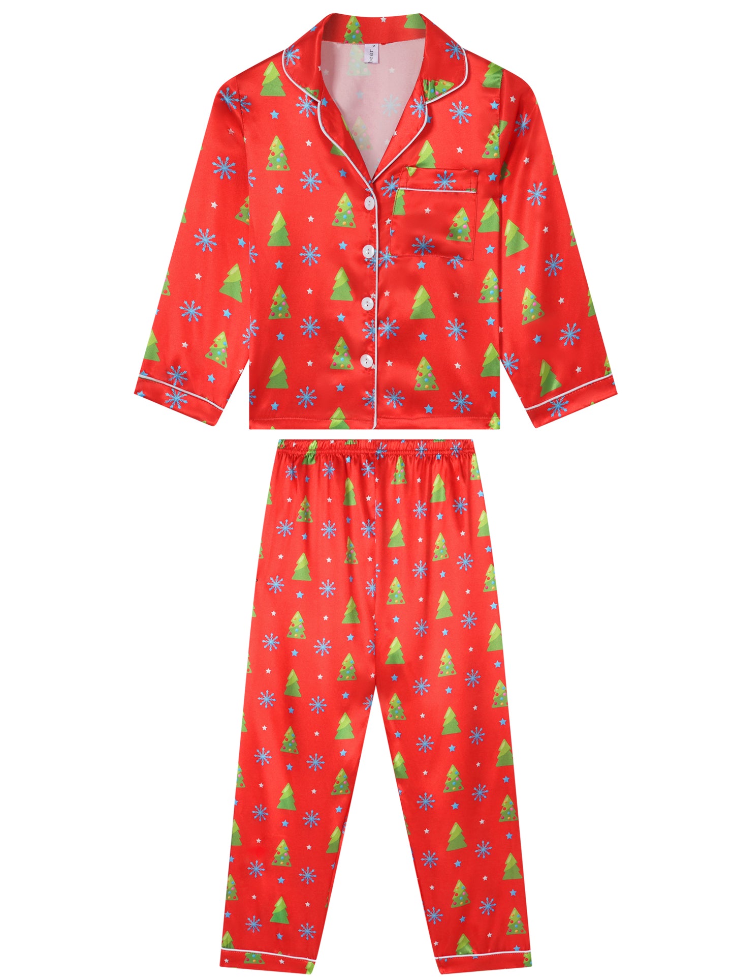 Child's Christmas Satin Long Sleeve Button Down Pjs Tree Print Festival Party Sleepwear Family Pajamas Set