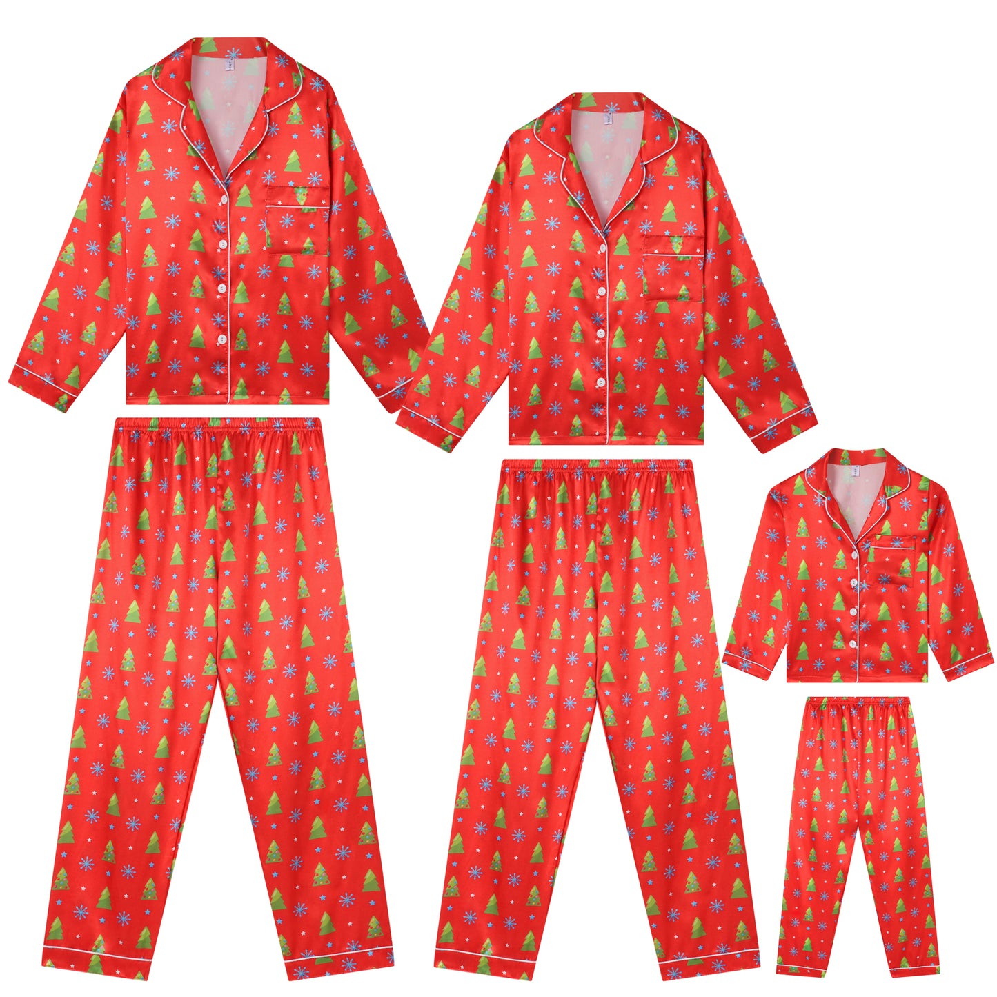 Child's Christmas Satin Long Sleeve Button Down Pjs Tree Print Festival Party Sleepwear Family Pajamas Set