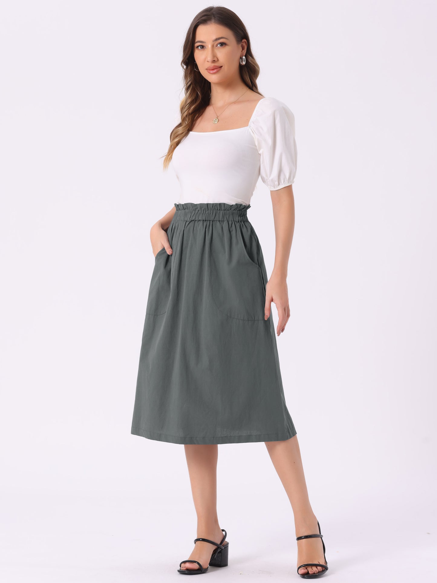 Falda informal de algodón para mujer, estilo campesino, con cintura elástica y bolsillos.