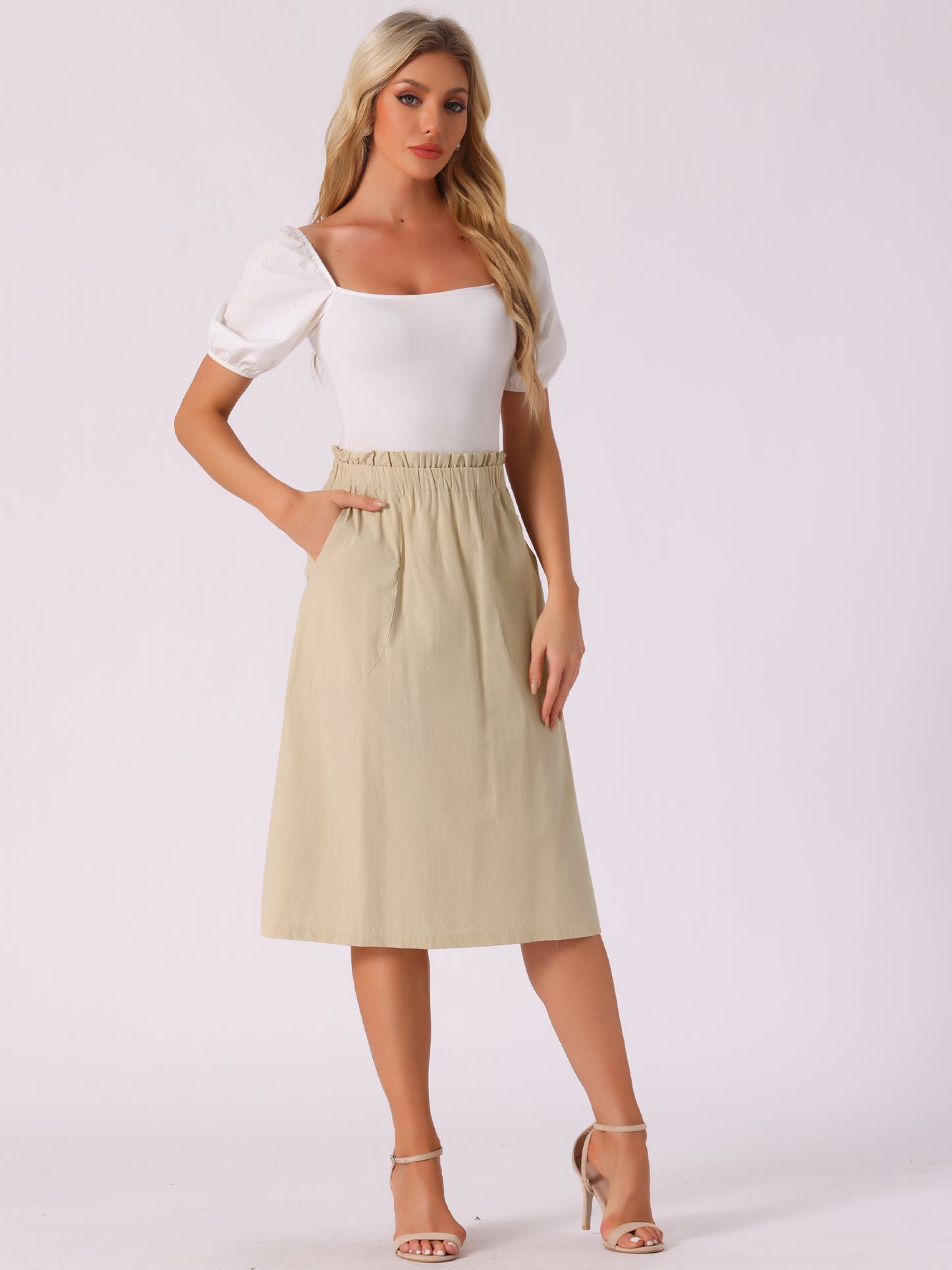 Women's Casual Cotton Skirt Elastic Waist Scrub Peasant A-Line Midi Skirts with Pockets