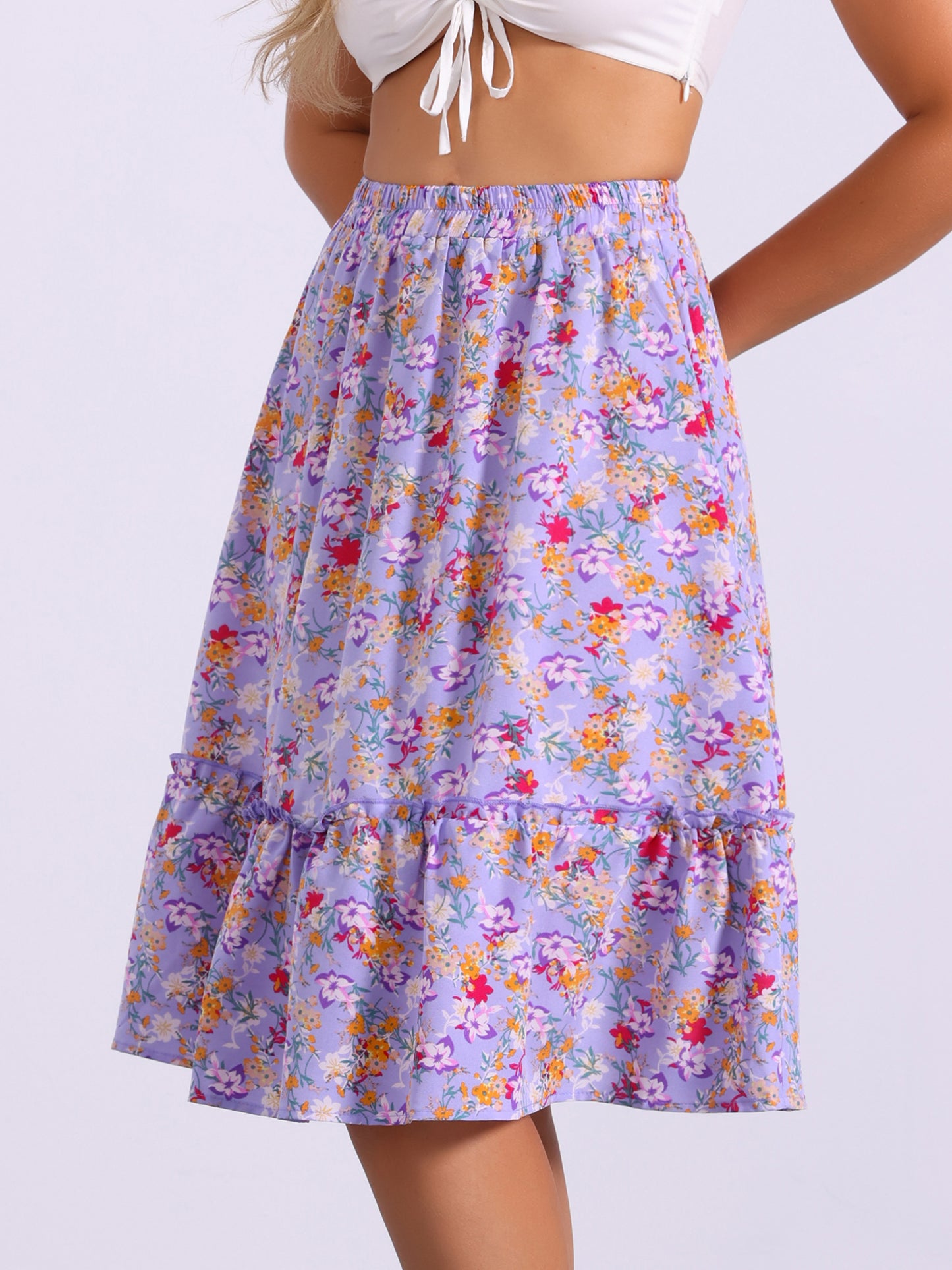Falda de mujer hasta la rodilla con estampado floral, cintura elástica, fluida, con volantes en forma de A y capas