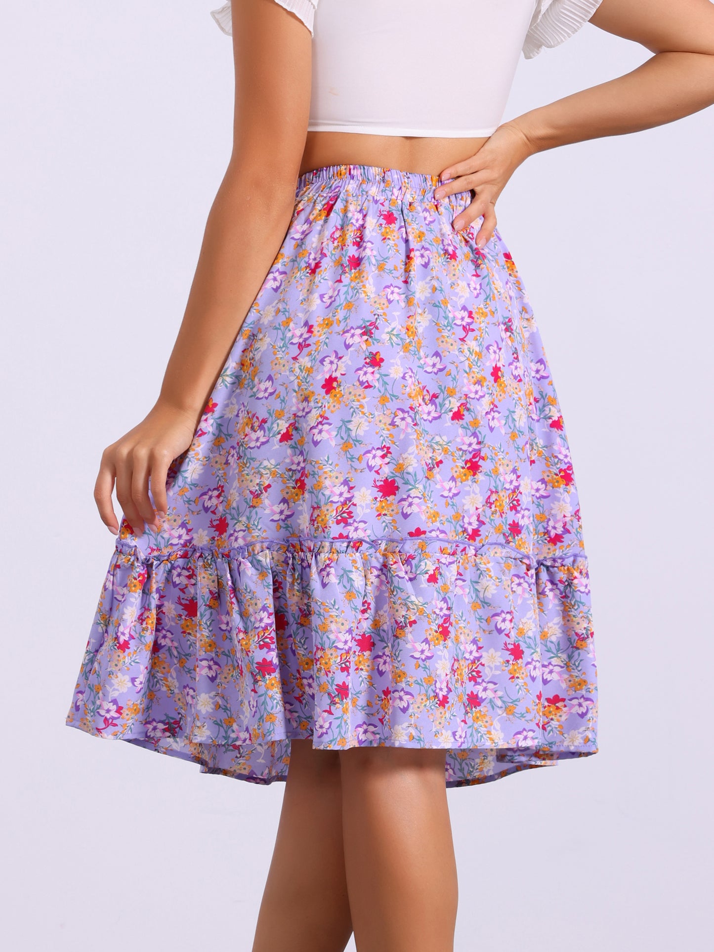 Falda de mujer hasta la rodilla con estampado floral, cintura elástica, fluida, con volantes en forma de A y capas