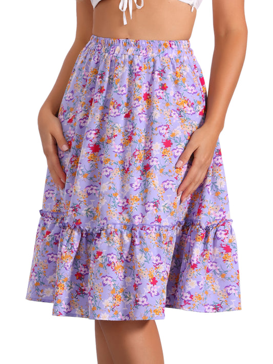 Falda de mujer hasta la rodilla con estampado floral, cintura elástica, fluida, con volantes en forma de A y capas