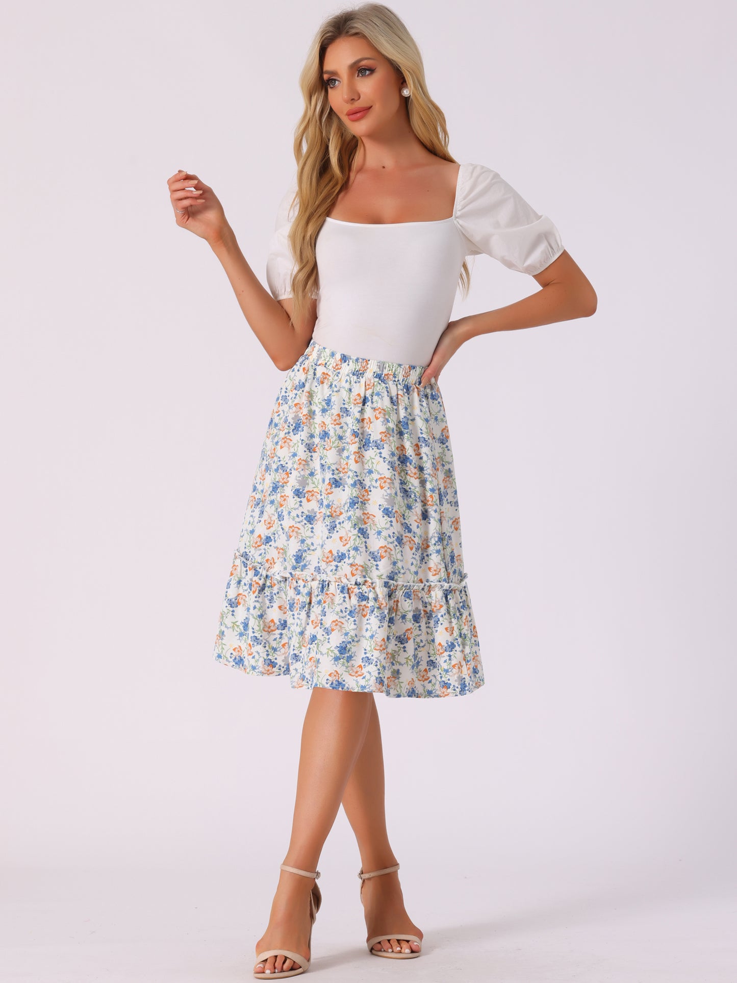 Falda de mujer hasta la rodilla con estampado floral, cintura elástica, fluida, con volantes en forma de A y capas
