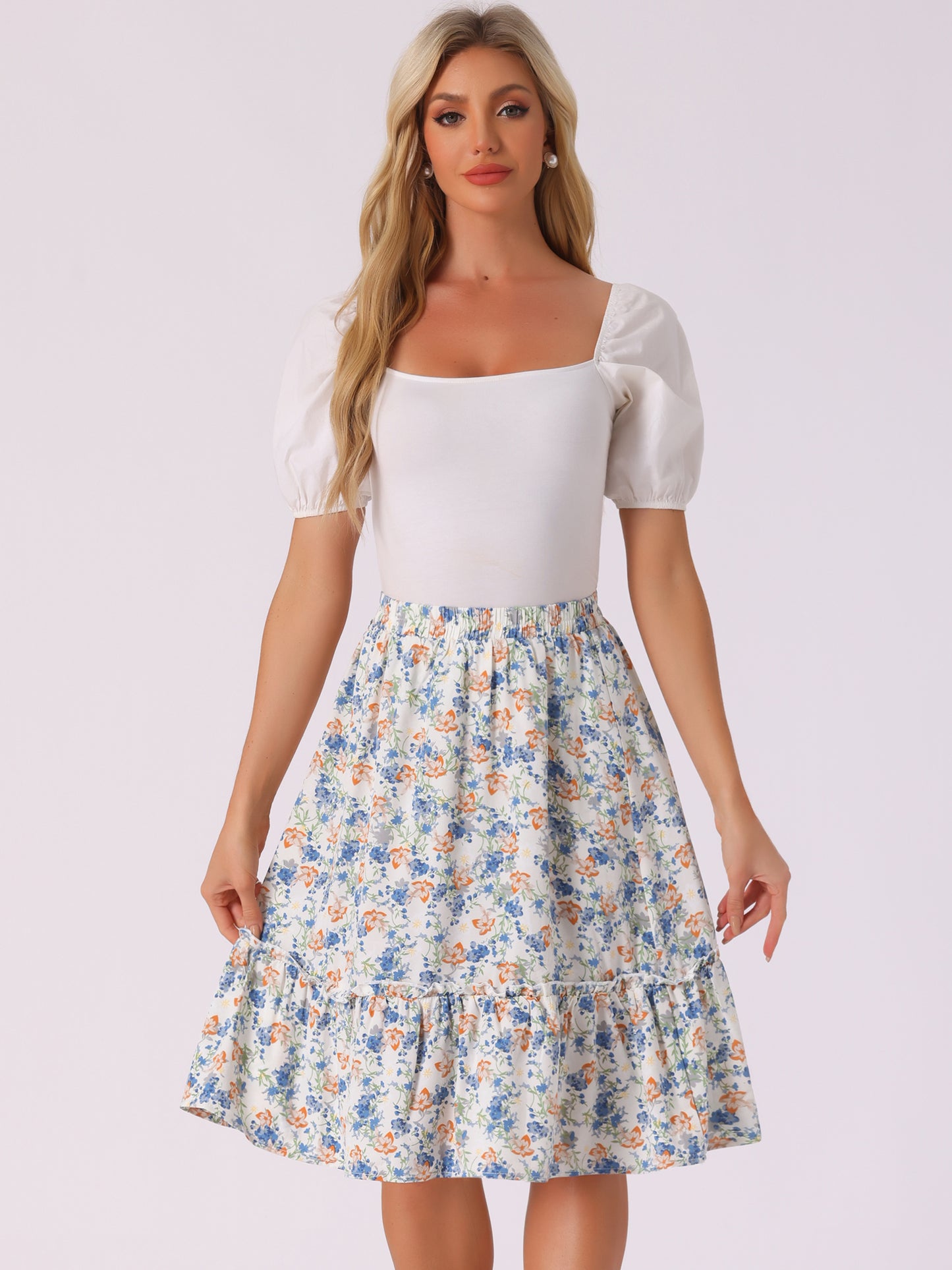 Falda de mujer hasta la rodilla con estampado floral, cintura elástica, fluida, con volantes en forma de A y capas