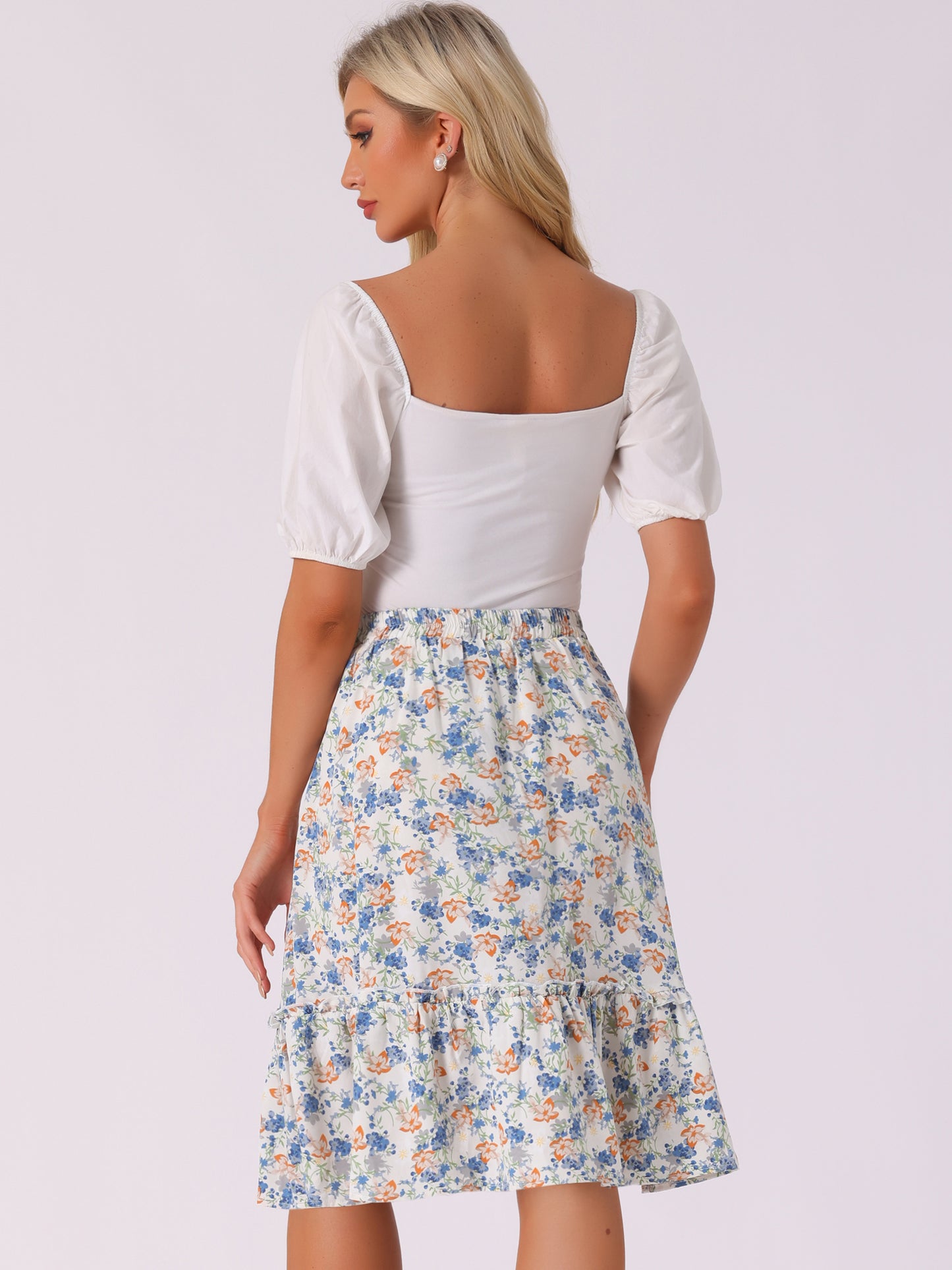 Falda de mujer hasta la rodilla con estampado floral, cintura elástica, fluida, con volantes en forma de A y capas