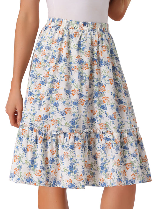 Women's Knee Length Skirt Floral Elastic Waist Flowy Tiered A-Line Ruffle Skirt