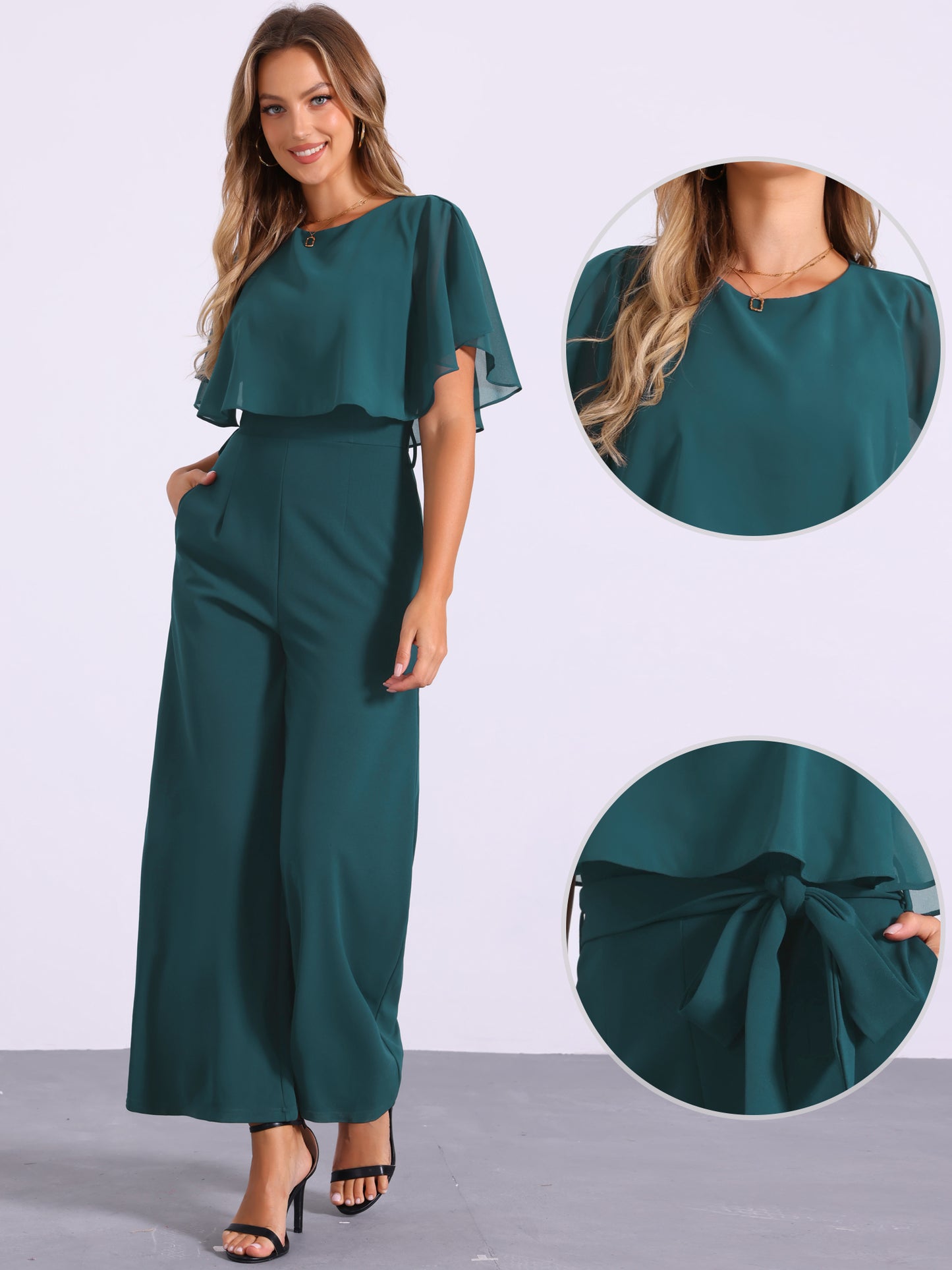 Women's Dressy Casual Tie Waist Wide Leg Pants Ruffle Sleeve Jumpsuit