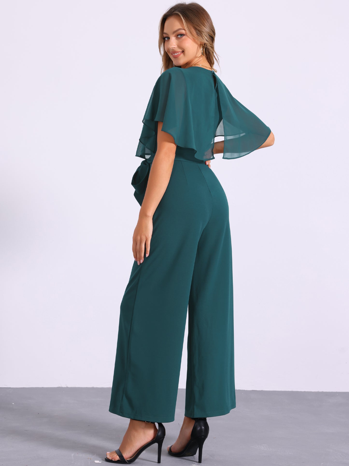 Women's Dressy Casual Tie Waist Wide Leg Pants Ruffle Sleeve Jumpsuit