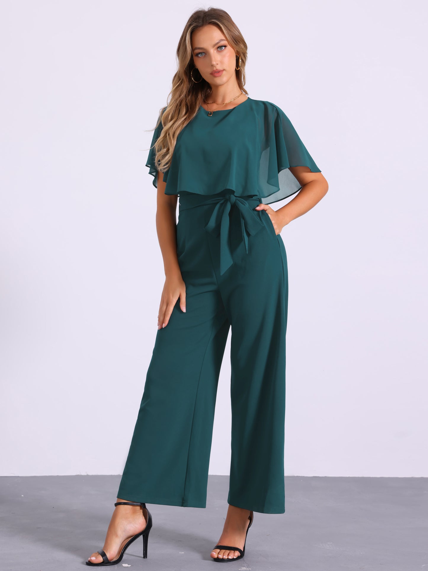 Women's Dressy Casual Tie Waist Wide Leg Pants Ruffle Sleeve Jumpsuit