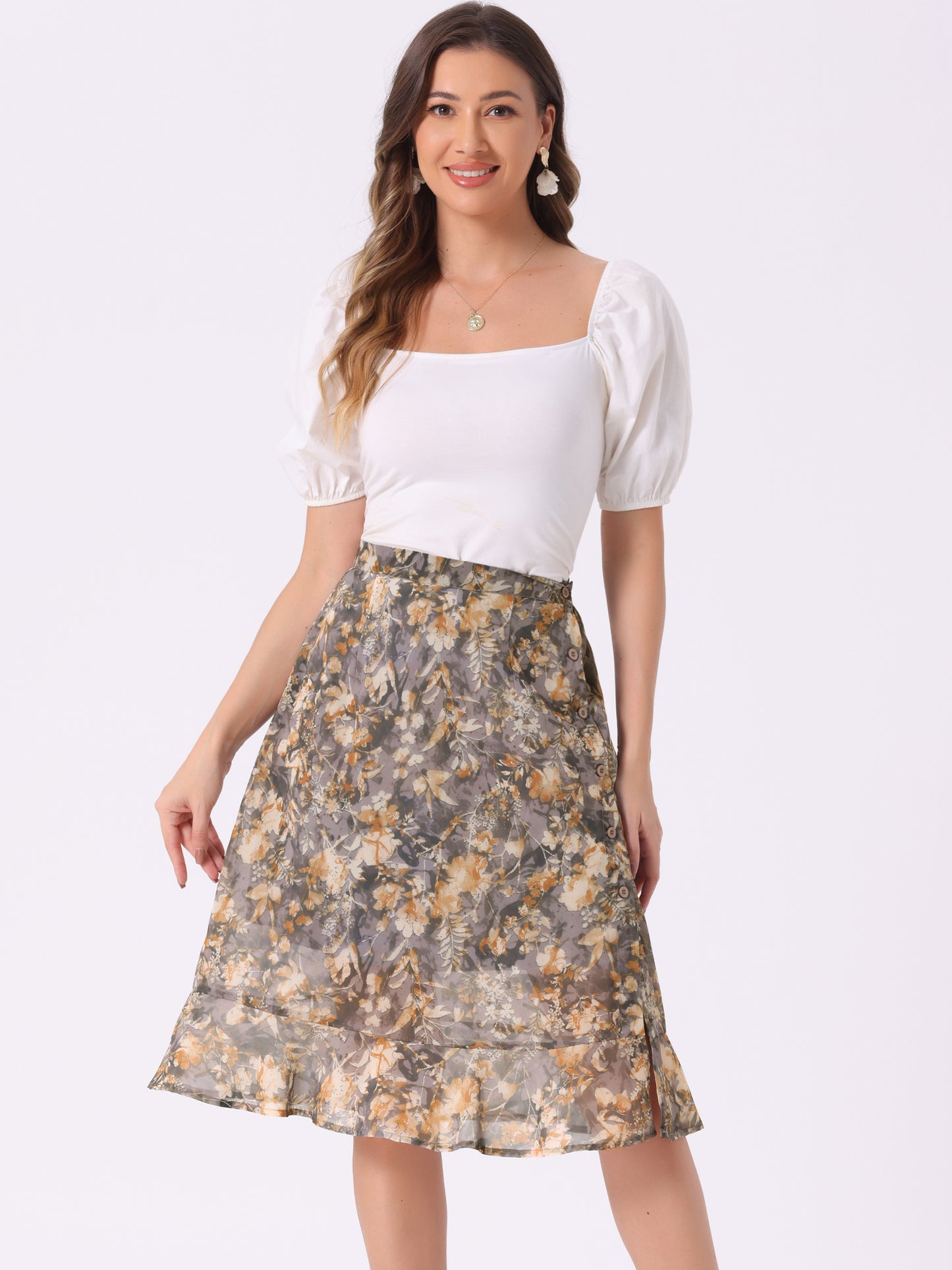 Faldas midi florales para mujer, de verano, con volantes, cintura alta, fluidas, corte A, con abertura hasta la rodilla