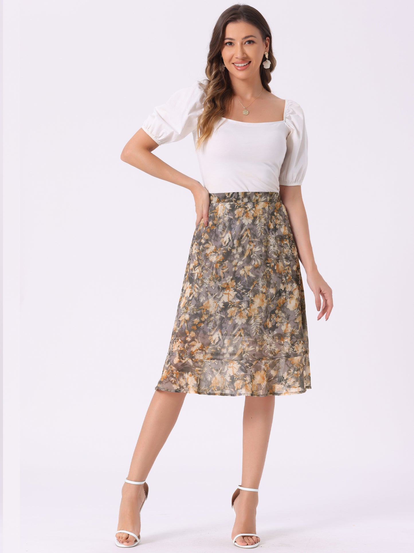 Faldas midi florales para mujer, de verano, con volantes, cintura alta, fluidas, corte A, con abertura hasta la rodilla