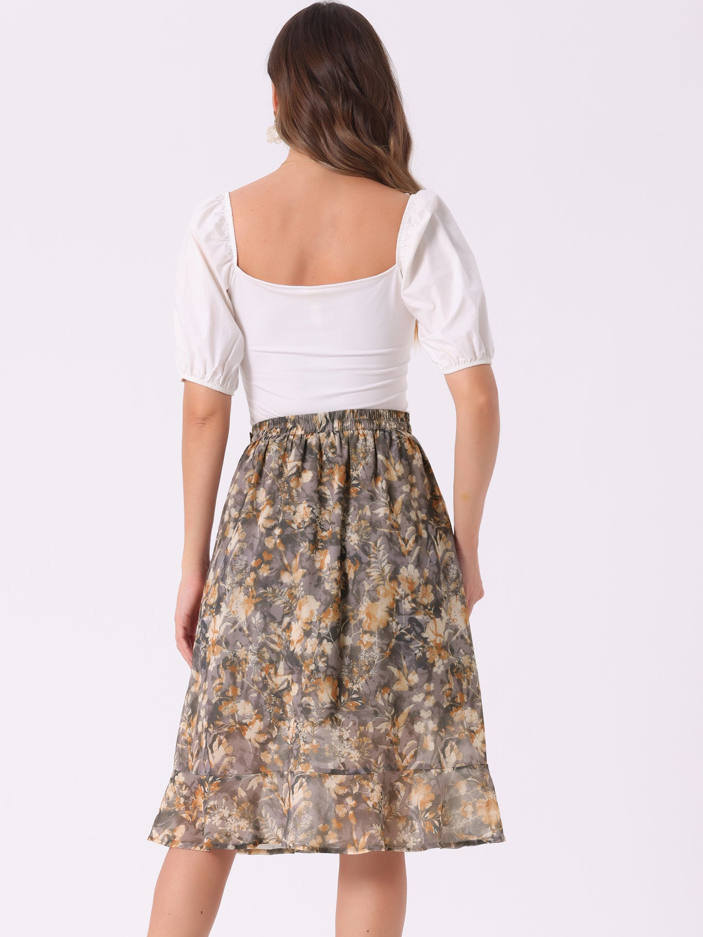 Faldas midi florales para mujer, de verano, con volantes, cintura alta, fluidas, corte A, con abertura hasta la rodilla