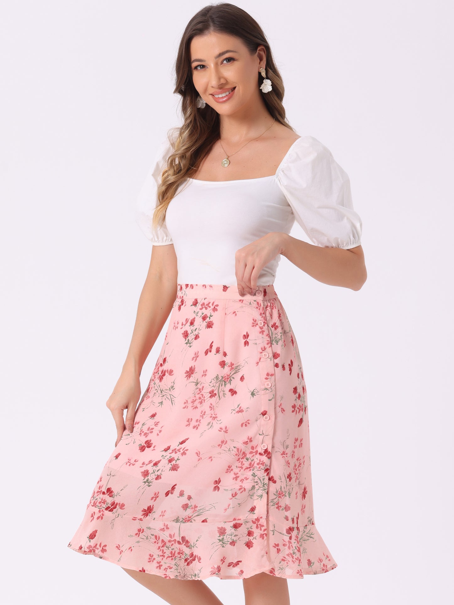 Faldas midi florales para mujer, de verano, con volantes, cintura alta, fluidas, corte A, con abertura hasta la rodilla