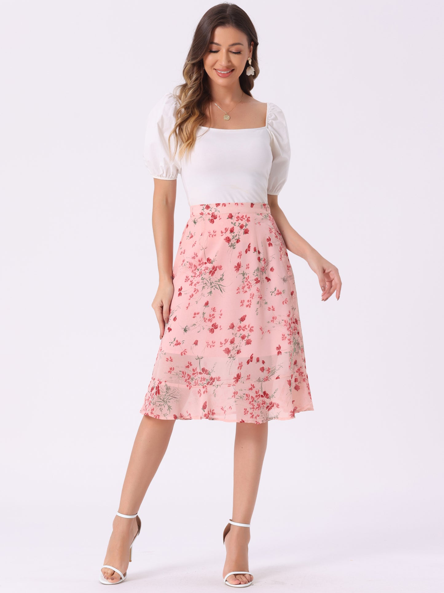 Faldas midi florales para mujer, de verano, con volantes, cintura alta, fluidas, corte A, con abertura hasta la rodilla