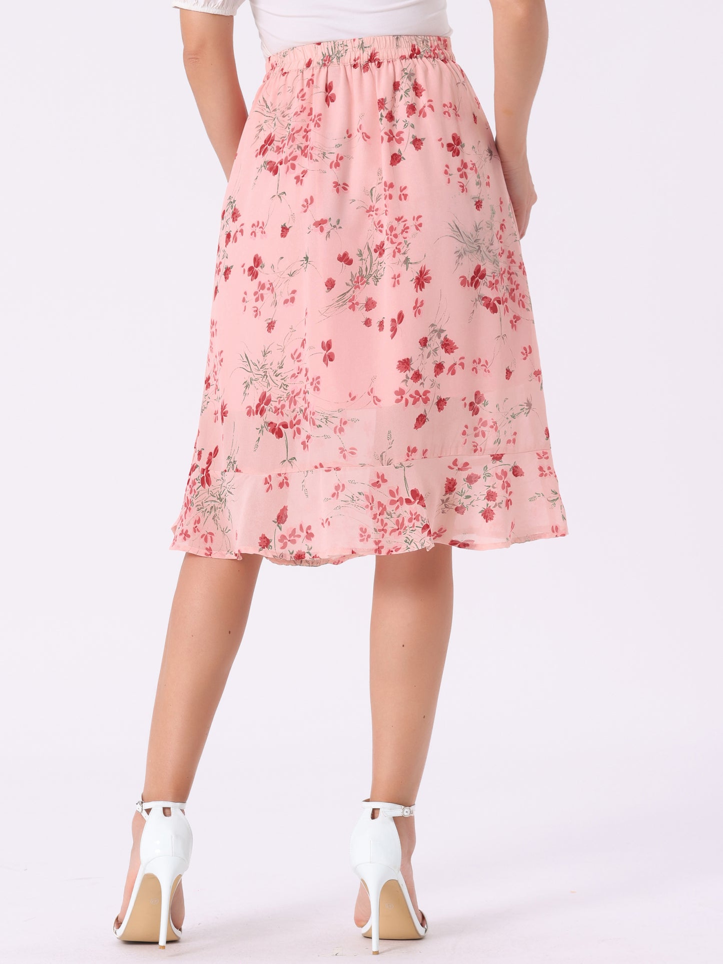 Faldas midi florales para mujer, de verano, con volantes, cintura alta, fluidas, corte A, con abertura hasta la rodilla