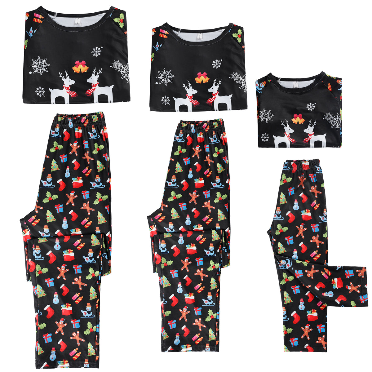 Child's Christmas Family Pajama Set Deer Print Long Sleeve Black Top Matching Cute Print Pants