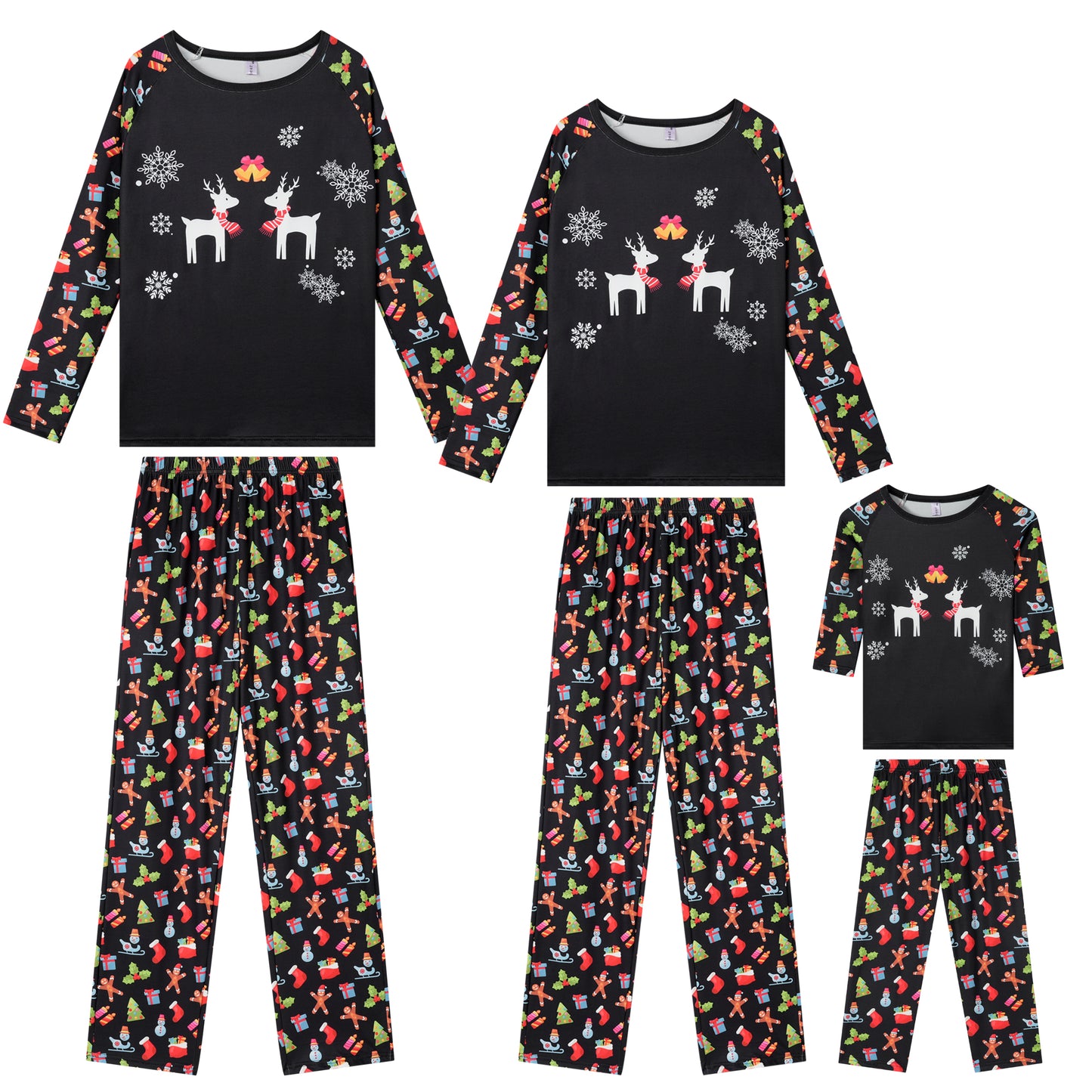 Conjunto de pijama familiar navideño para niño con estampado de ciervo, camiseta negra de manga larga y pantalones con estampado bonito a juego