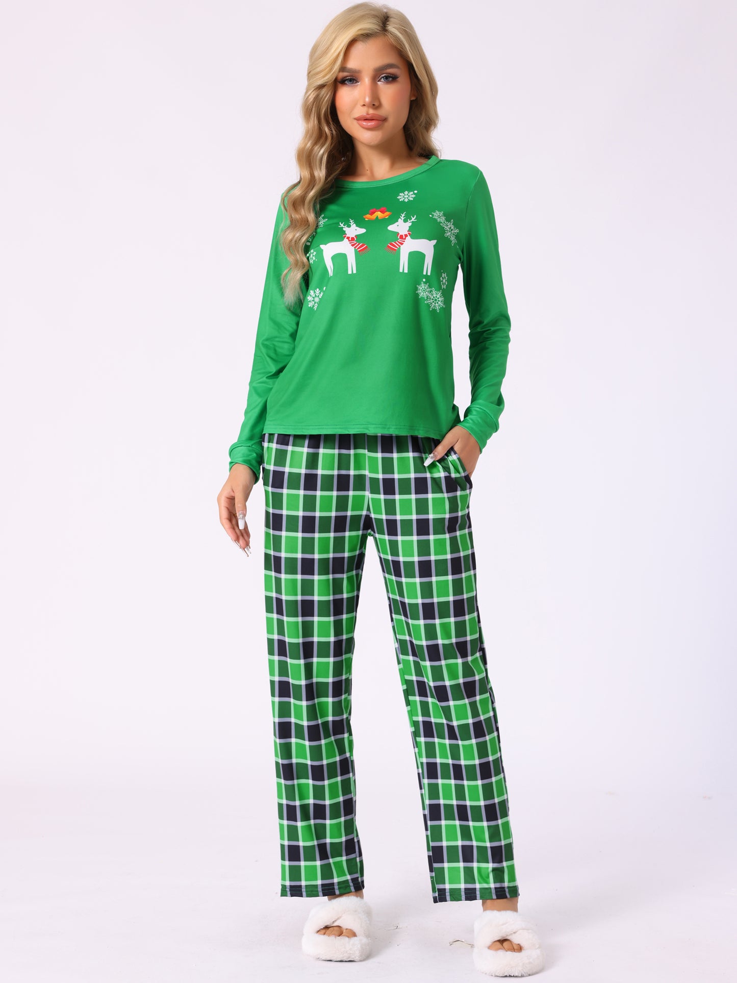 Women Pajama Sets Nightwear Sleepshirt Elk Printed Elk Printed Long Seelves Tops with Pants